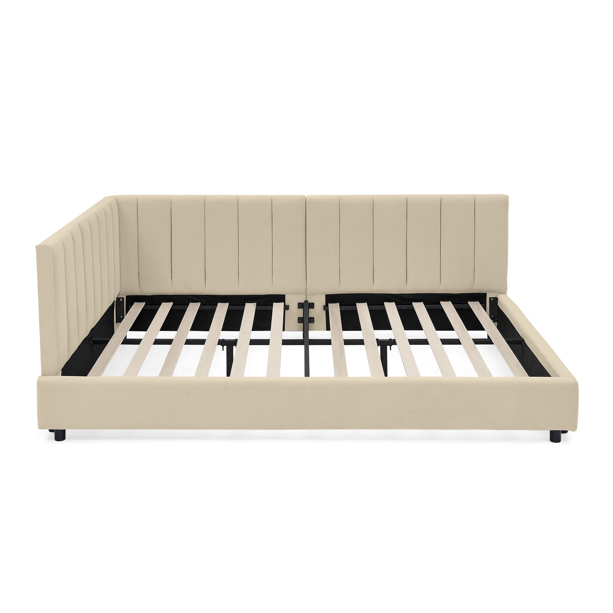 Mid-Century Upholstered Tufted Bed Frame With Backrest And Armrests