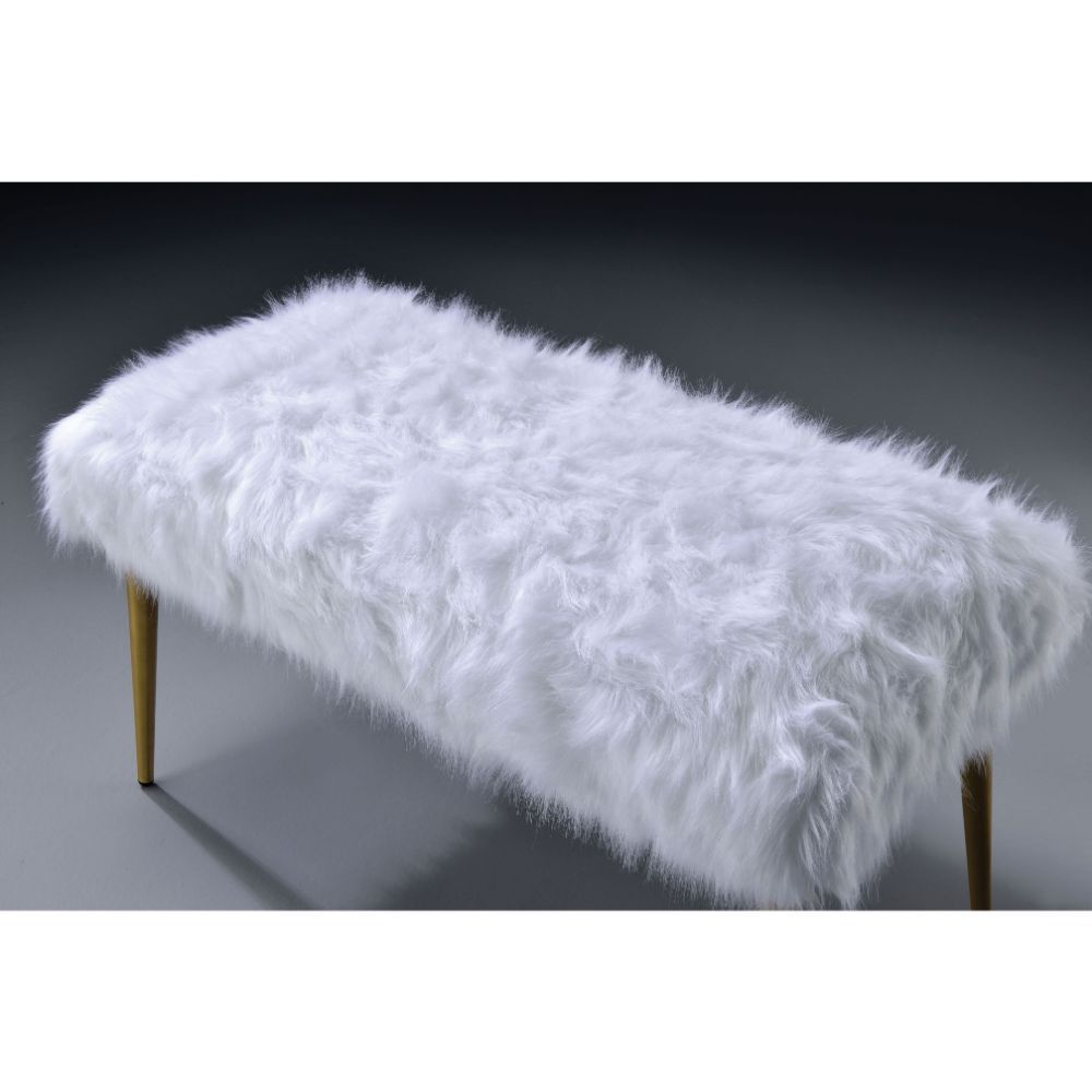 ACME Bagley II - Bench - White Faux Fur & Gold - 20" | Meri Furniture
