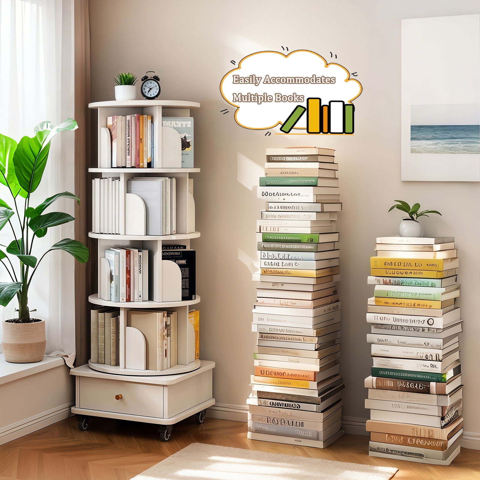 Rotating Bookshelf With Wheels And Drawer, 360° Spinning Design, Space Saving Storage