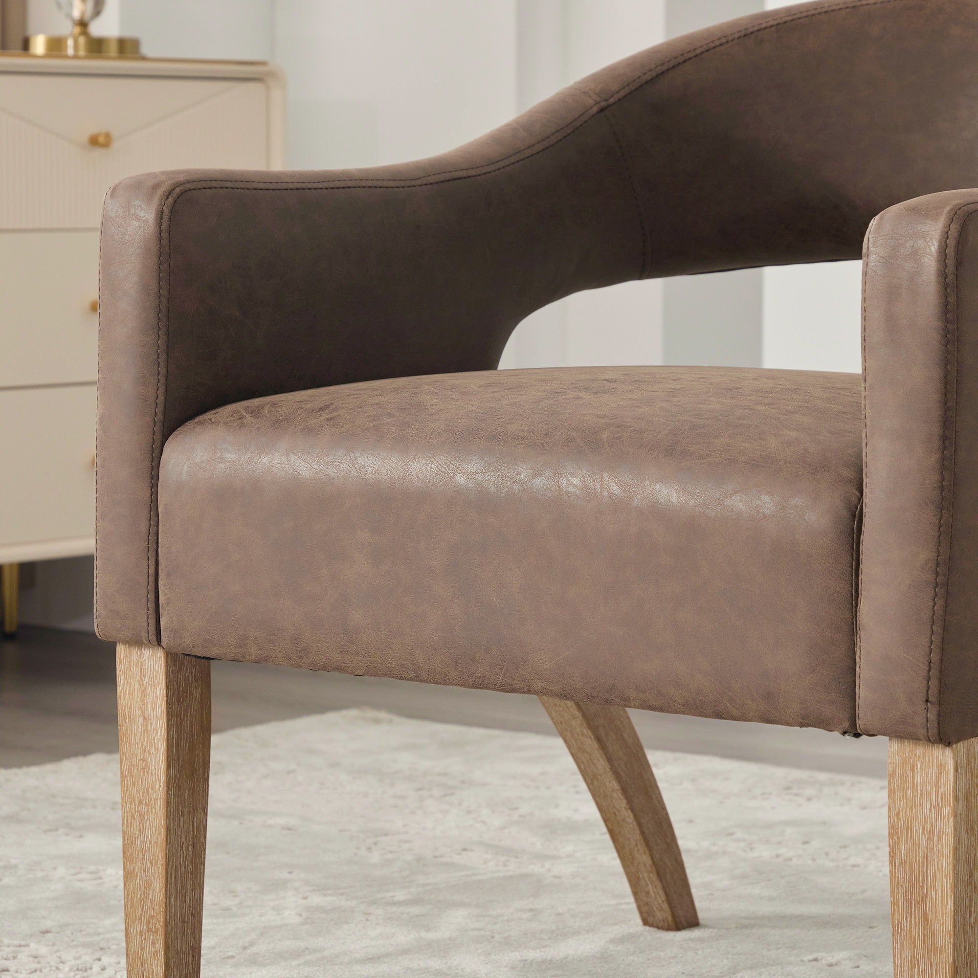 Upholstered Open Back Armchair With Weathered Rubberwood Legs