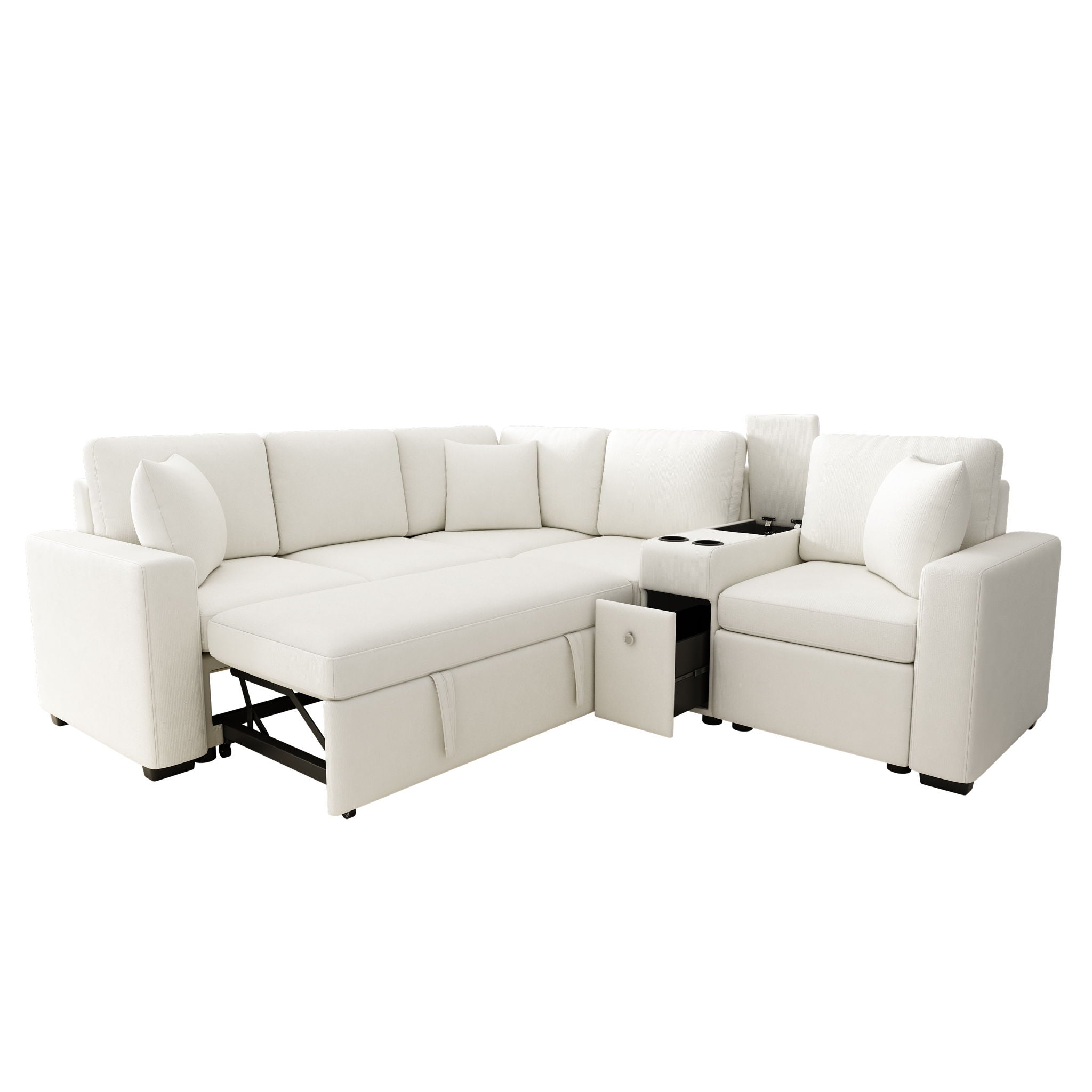 Contemporary L Shaped Convertible Sofa Bed With Pull Out Bed, Cup Holders, And Storage