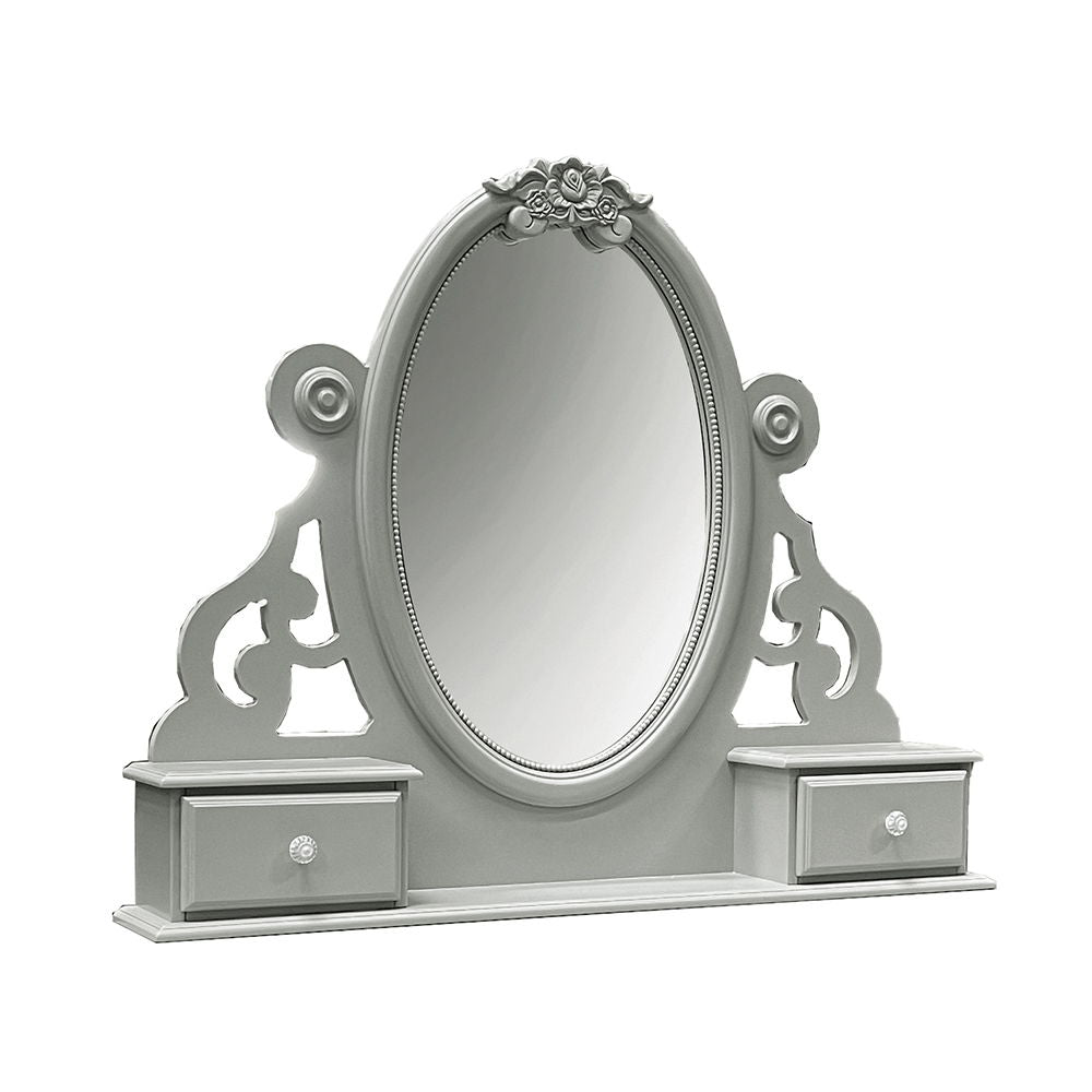 Jewelry Mirror without beveled with 2 Drawer: Wooden Center Drawer Glide, Dovetail Included, Felt-Lined Top Drawer, Hardware: Crystal like Knob