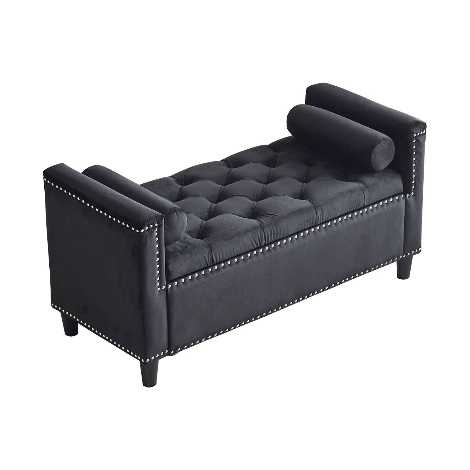 Queen Velvet Button Bedside Storage Bench With Armrests, Nailhead Trim