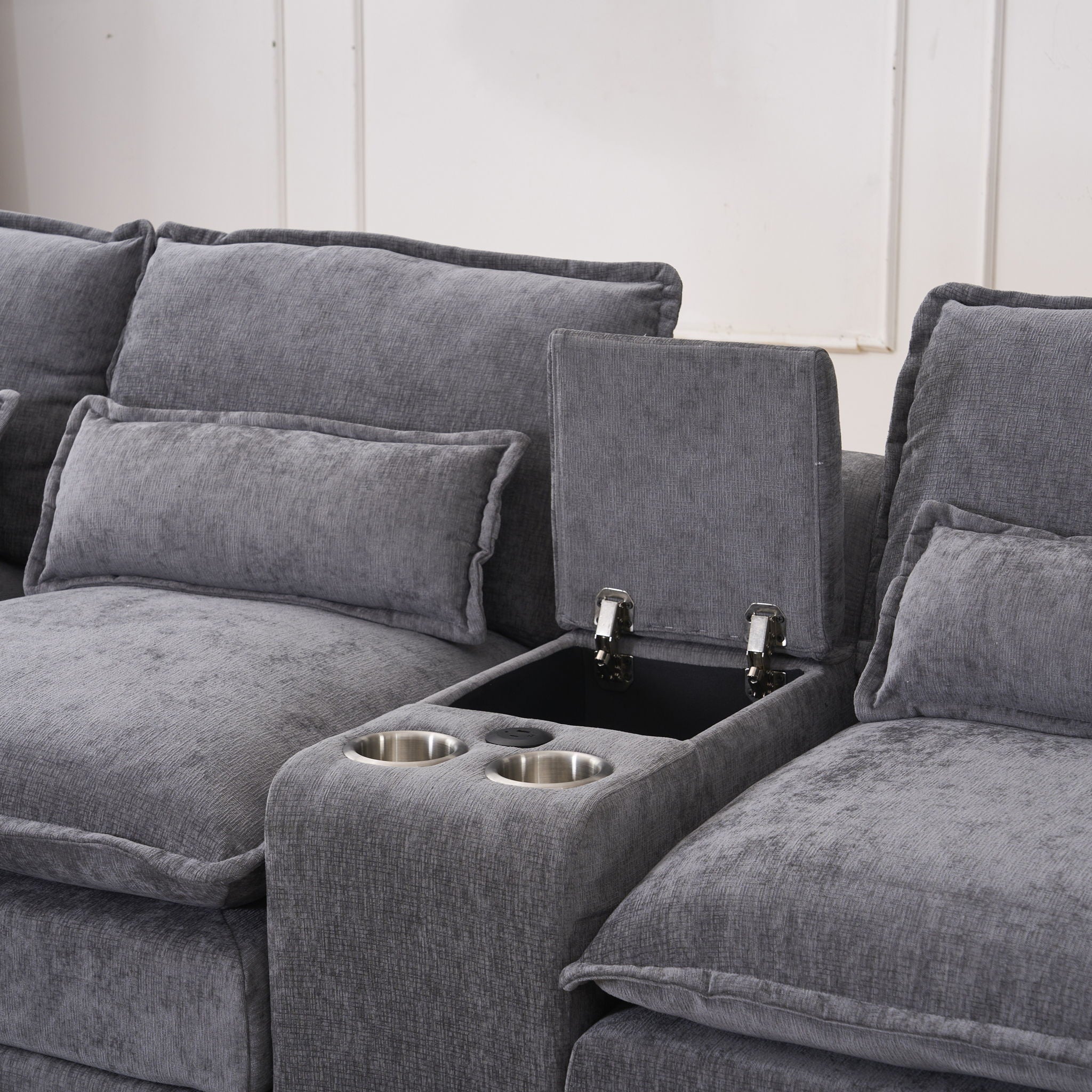 U Shaped Sofa With Console, Cupholders, USB Ports, 6 Seat, Bronzing Suede & Chenille