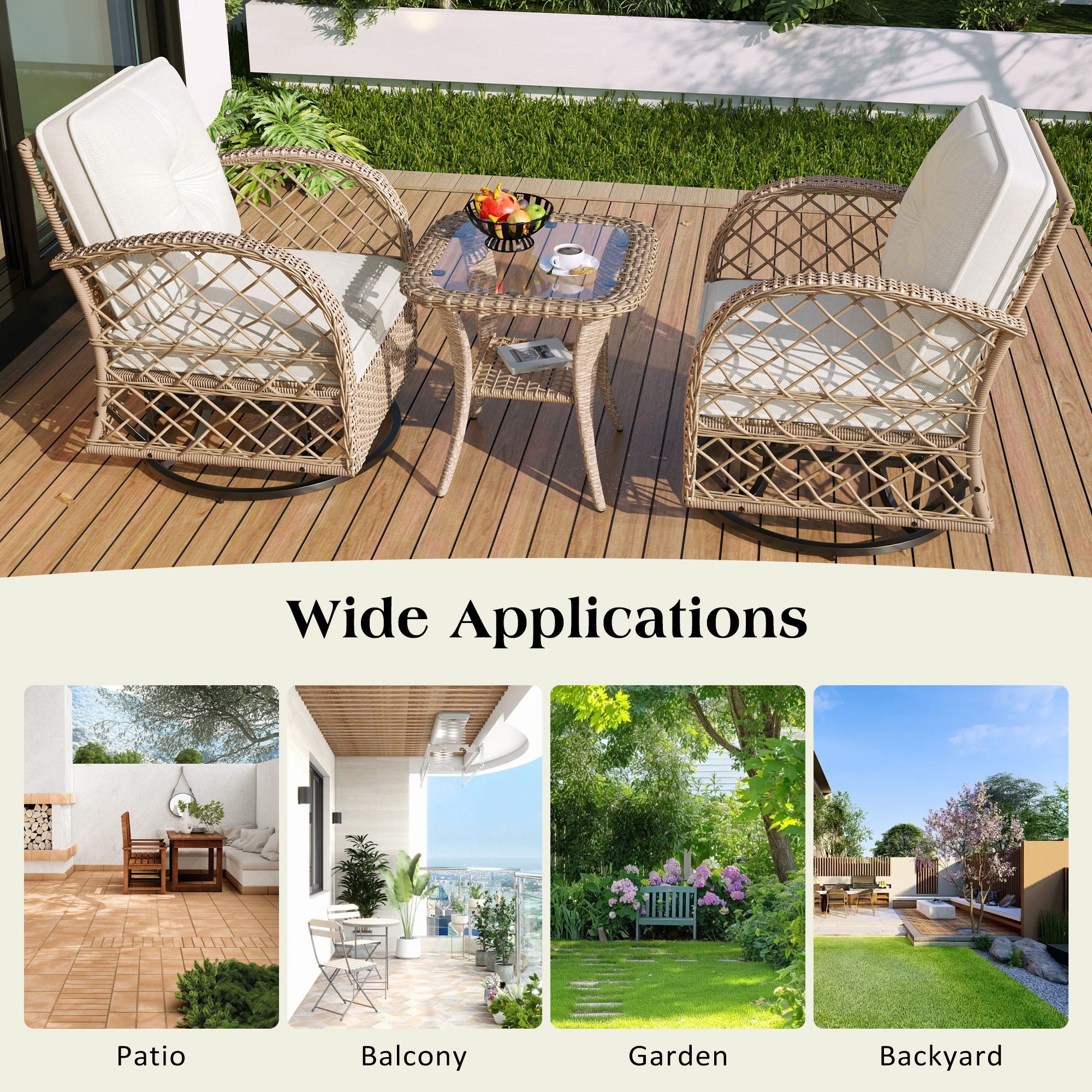 3 Piece Outdoor Chair & Table Set Chat Set, 2 Person Rattan Seating Group