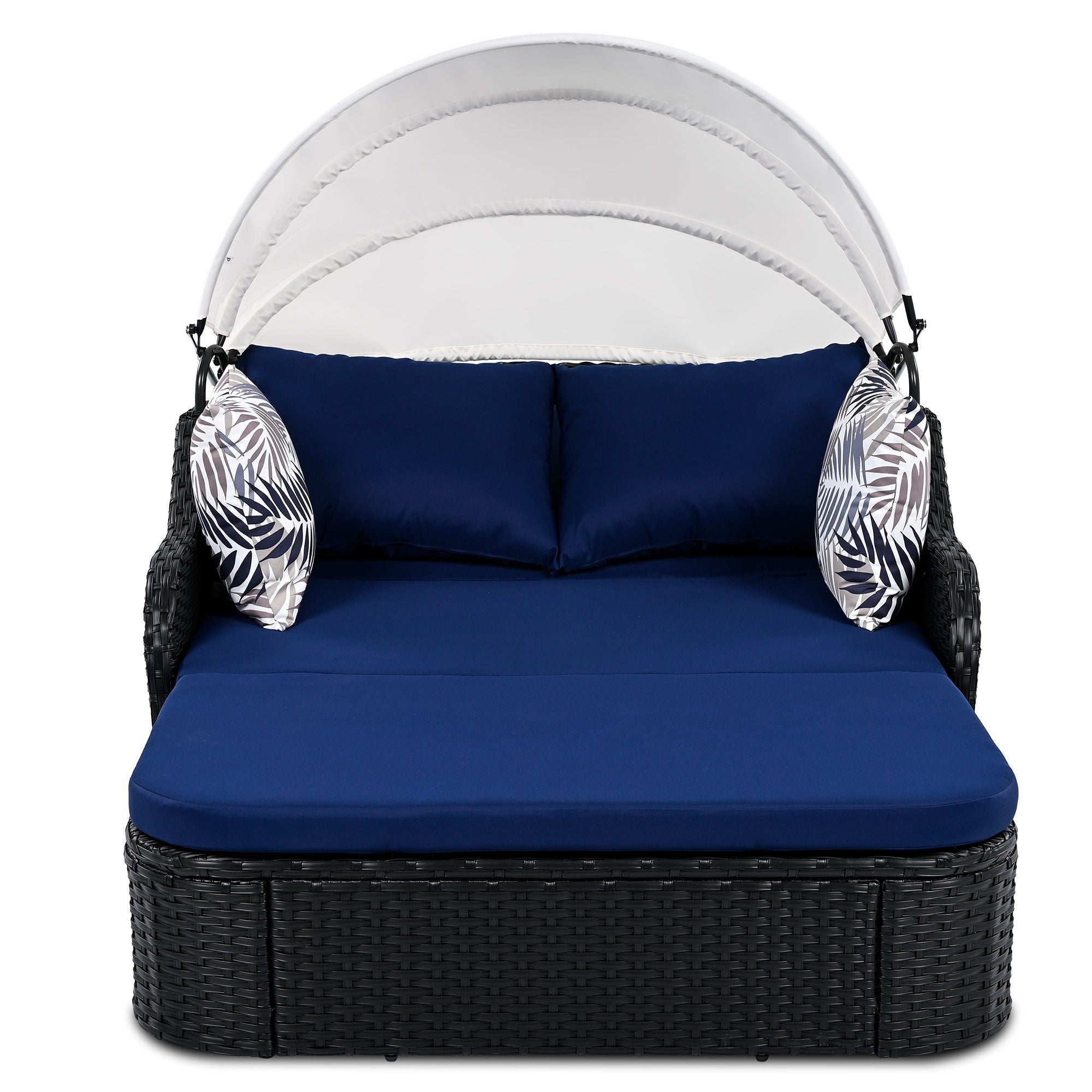 Outdoor Sunbed With Adjustable Canopy, Daybed With Pillows, Double Lounge, PE Rattan Daybed