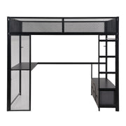 Full Size Gaming Loft Bed With LED Desk, Open Wardrobe, 3 Linen Storage Drawers - Black