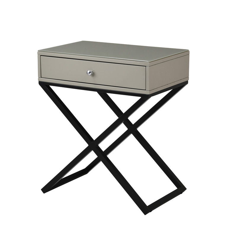 Koda 23"W Taupe Wooden End Side Table Nightstand with Glass Top, Drawer and Metal Cross Base