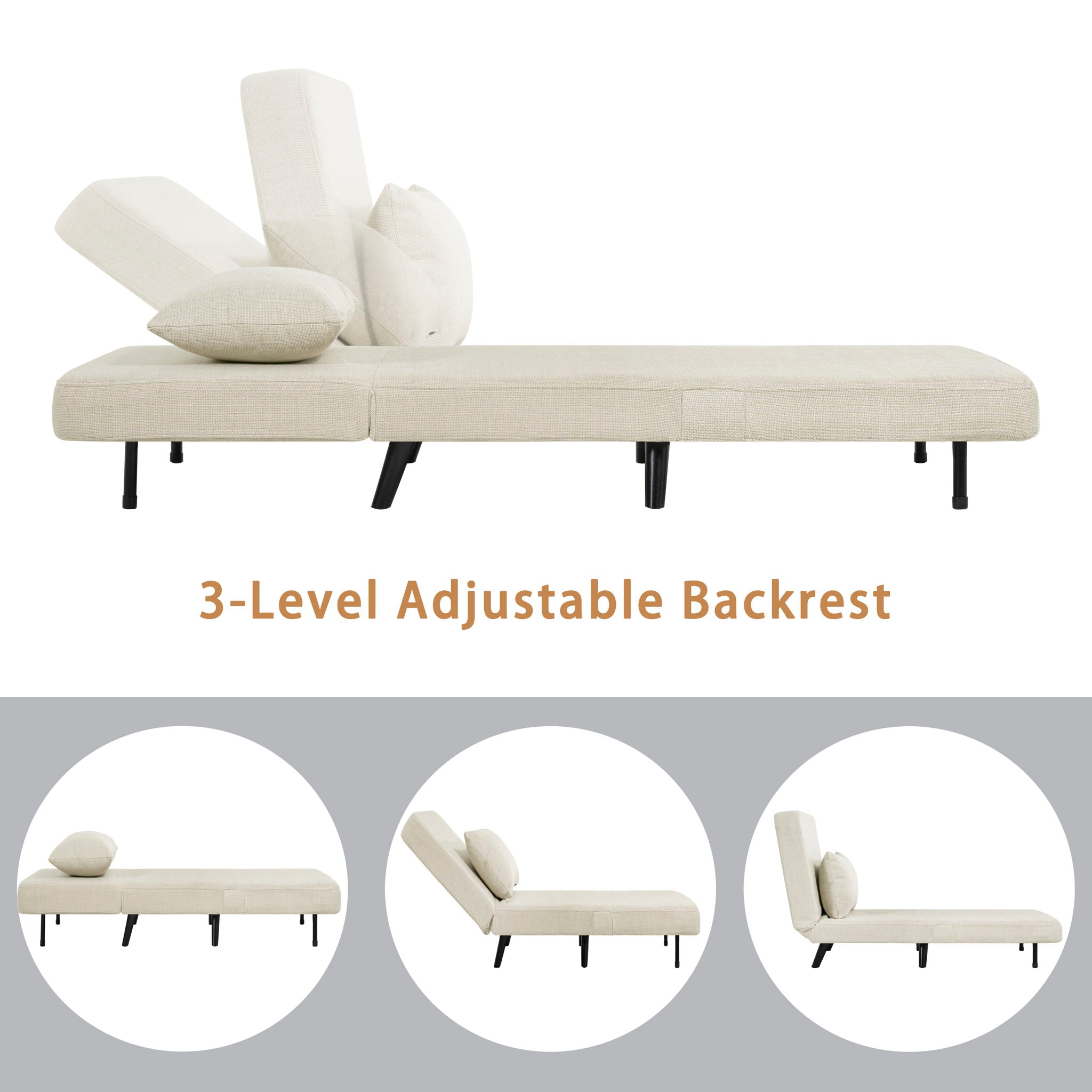 3 In 1 Foldable Linen Chaise Lounge With Adjustable Backrest
