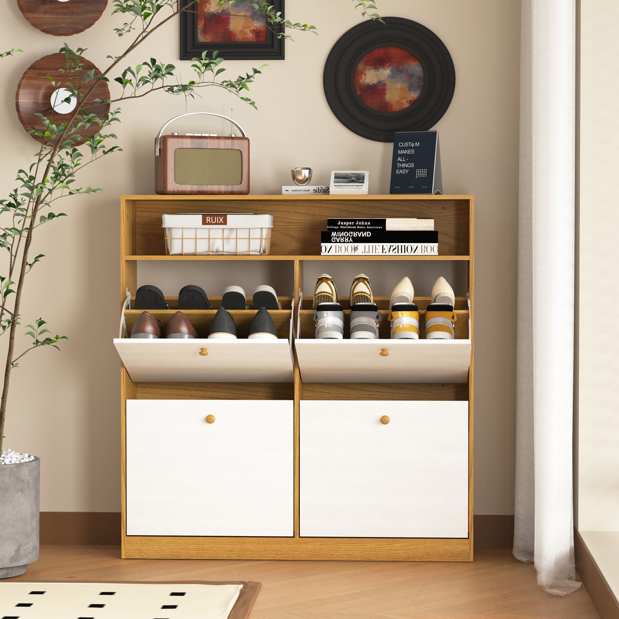Modern Freestanding Shoe Storage Cabinet With 4 Flip Drawers
