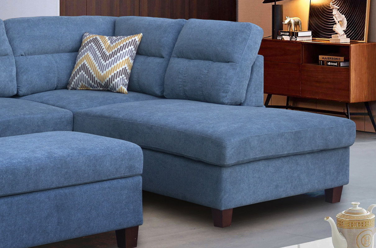 Diego 103.5"W Blue Fabric Sectional Sofa with Right Facing Chaise, Storage Ottoman, and 2 Accent Pillows