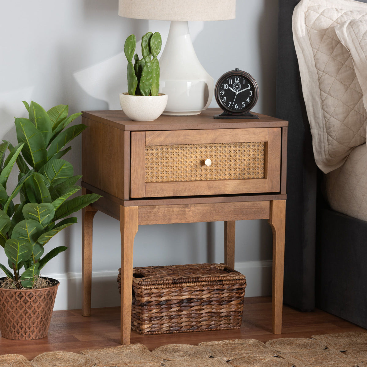 Ramiel Mid-Century Modern Ash Walnut Finished Wood and Rattan 1-Drawer Nightstand