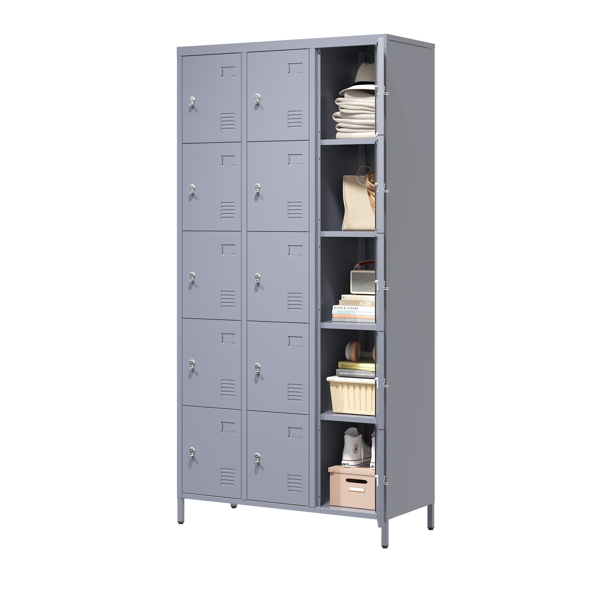 15 Door Lockers With Lock For Storage In Home, Gym, Office, And School - Gray