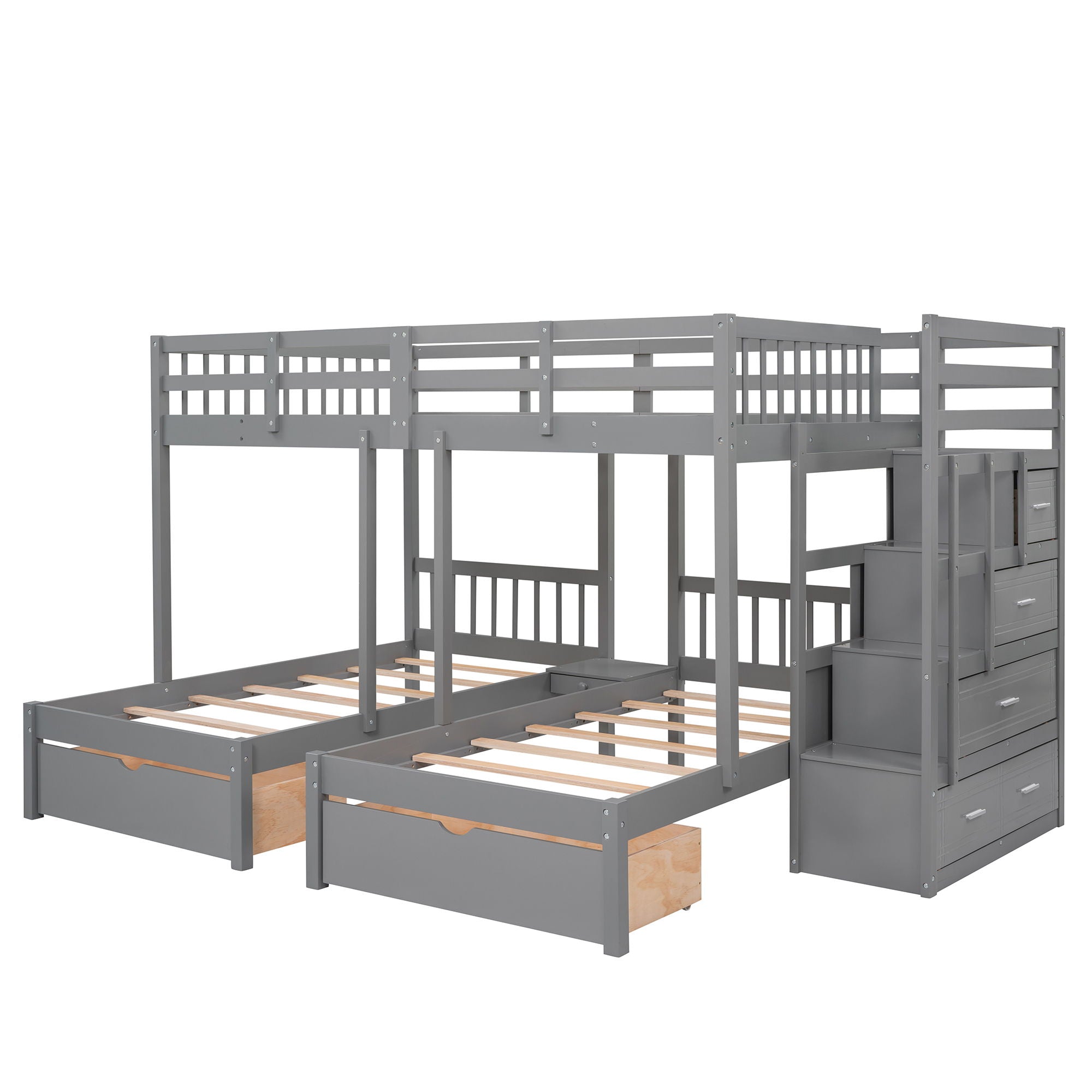 Multifunctional Triple Bunk Bed With Drawers And Guardrails