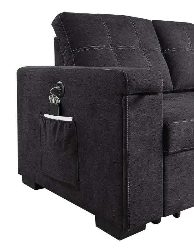 Toby 95"W Black Woven Fabric Reversible Sleeper Sectional Sofa with Storage Chaise Cup Holder Charging Ports and Pockets