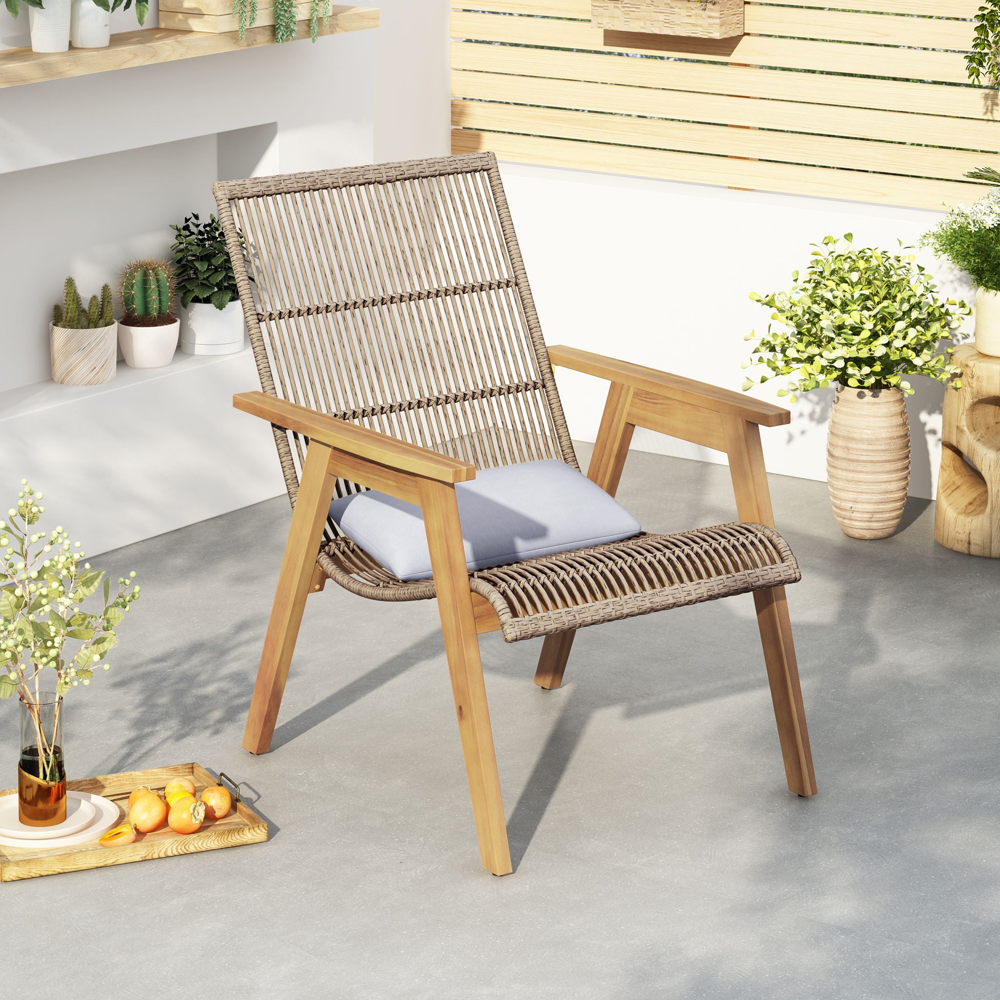 Acacia Wood Cape Woven Wicker Large Lounge Chair With Pillow For Patio, Deck, Yard, Lawn And Garden Seating Wicker (Set of 2) - Teak