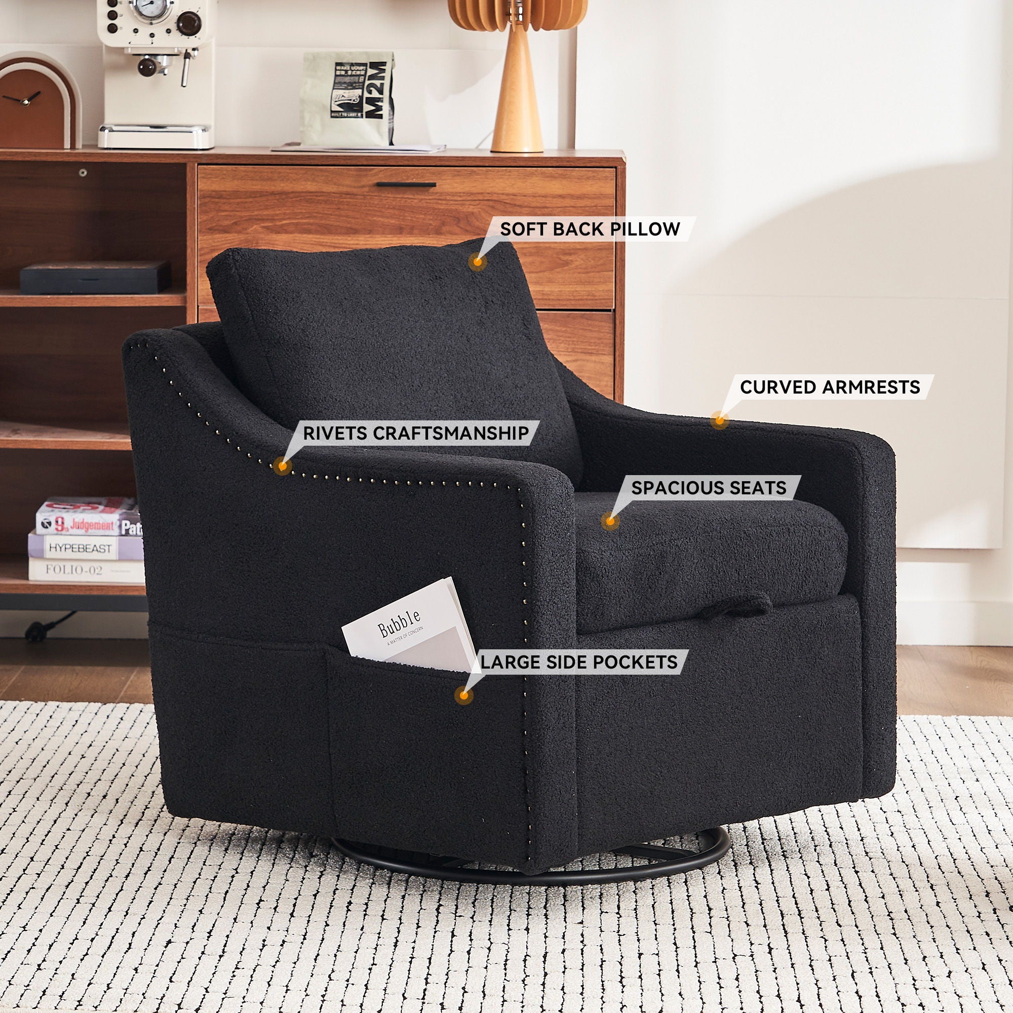 Linen Fabric 360° Swivel Accent Chair With Upholstered Back Pillow And Rivet Armrest