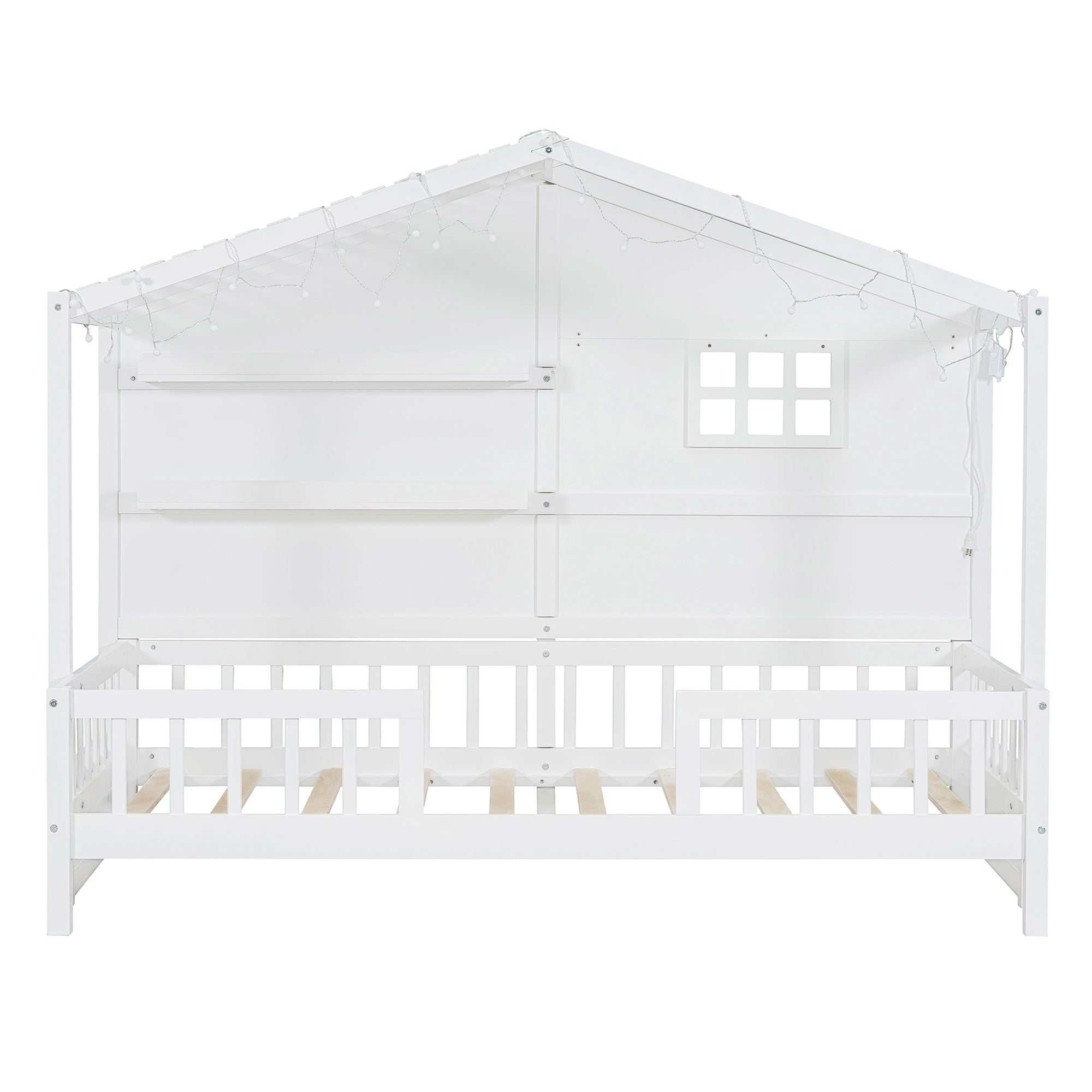House Bed With Shelves, Window And Sparkling Light Strip On The Roof
