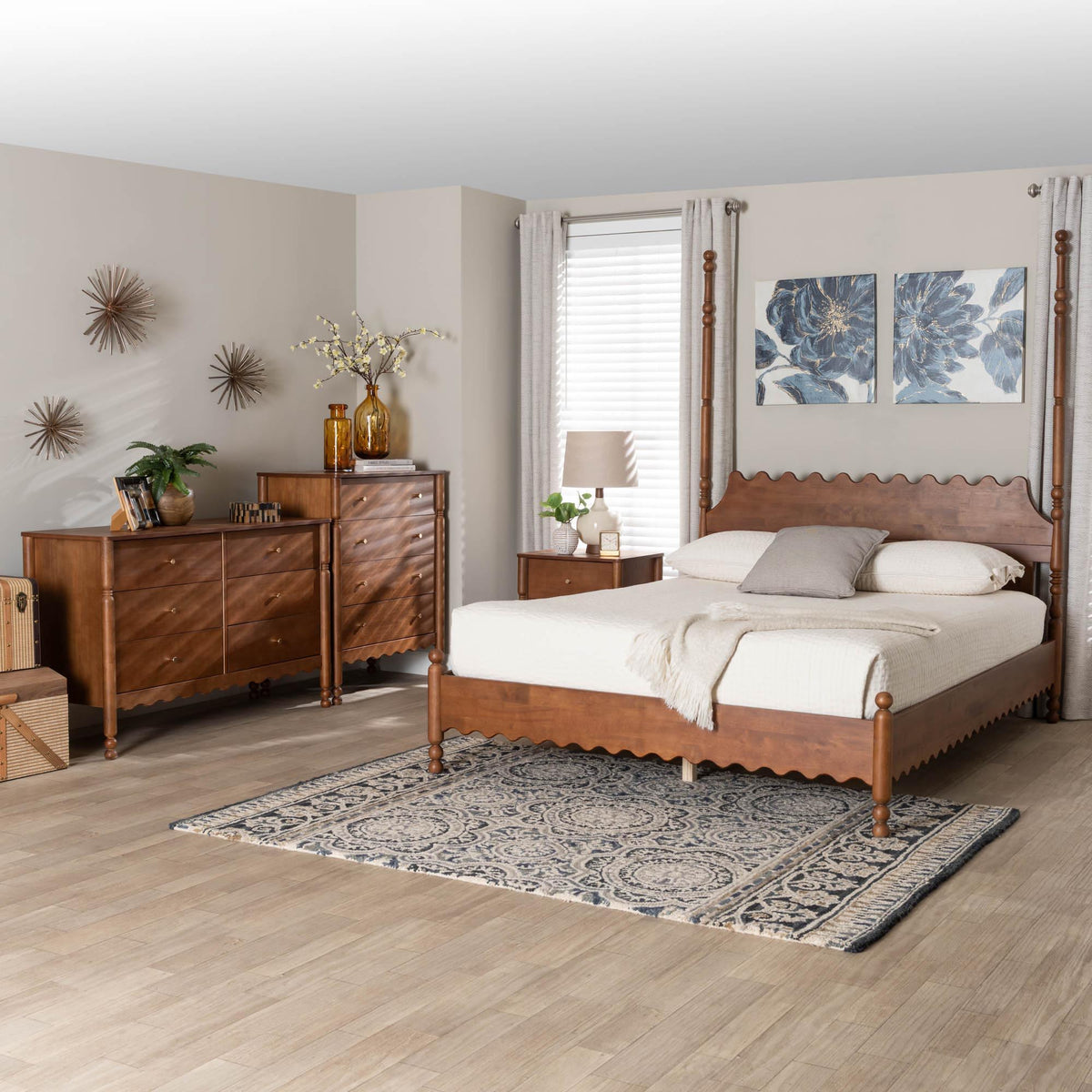 Hoffman 4-Piece Scalloped Bedroom Set - Farmhouse Bed Frame with Matching Dresser, Chest, and 2-Drawer Nightstand, Walnut Brown, King