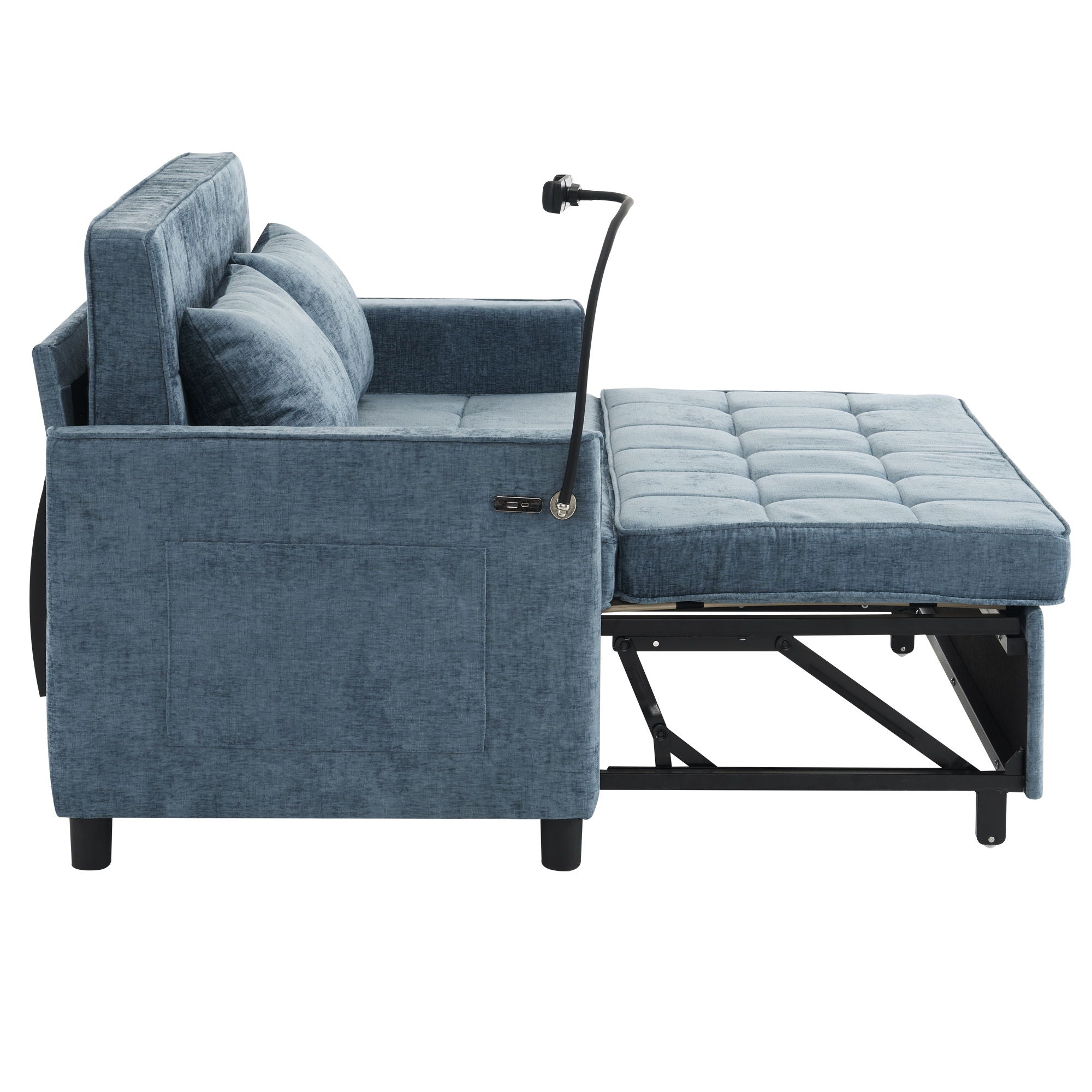 Pull-Out Sleeper Sofa With Reversible Backrest Cushion, Side Pockets, 2 USB Ports And A Phone Holder For Living Room