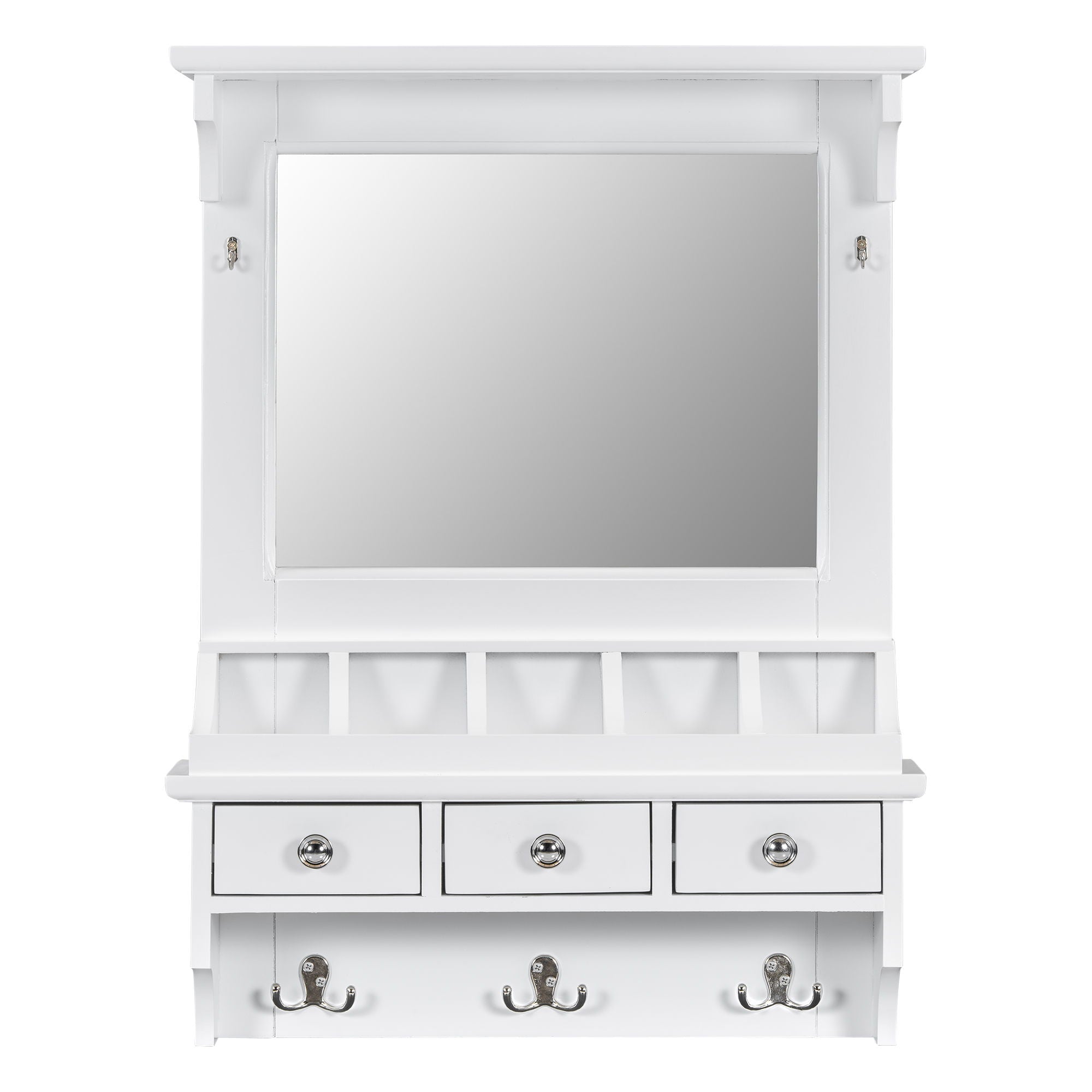Floating Makeup Vanity With Big Mirror, Wall Mounted Storage Vanity With Drawers, Pockets & Hooks, Space Saving Decorative Home Organizer - White