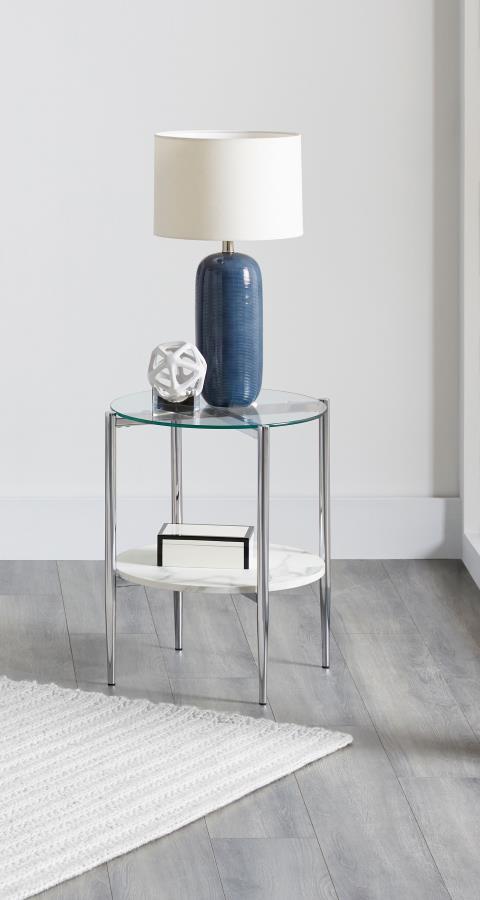 Coaster Fine Furniture Cadee - Round Glass Top End Table - White And Chrome | Meri Furniture
