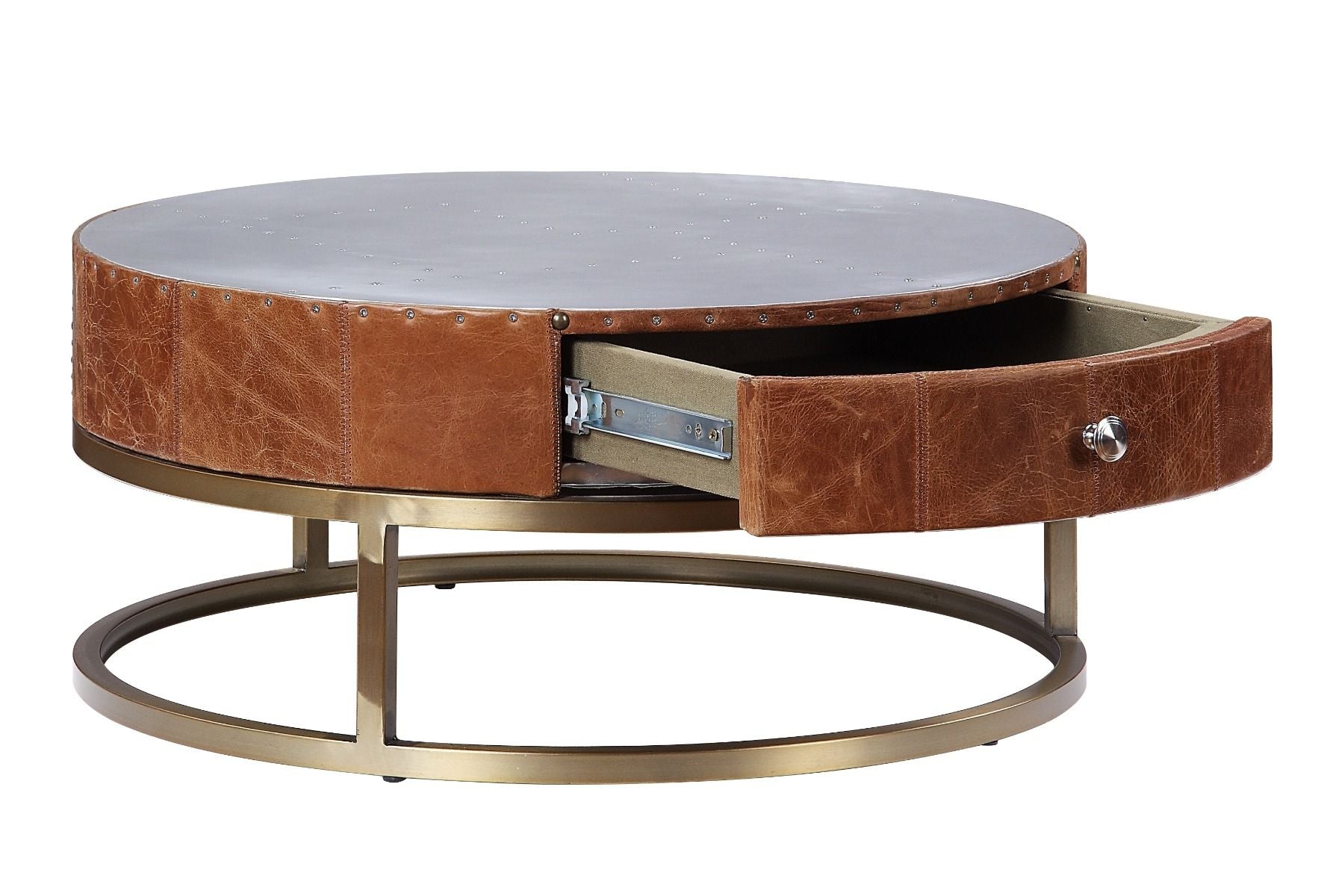 Tamas - 13" Coffee Table - Aluminum & Cocoa Top Grain Leather