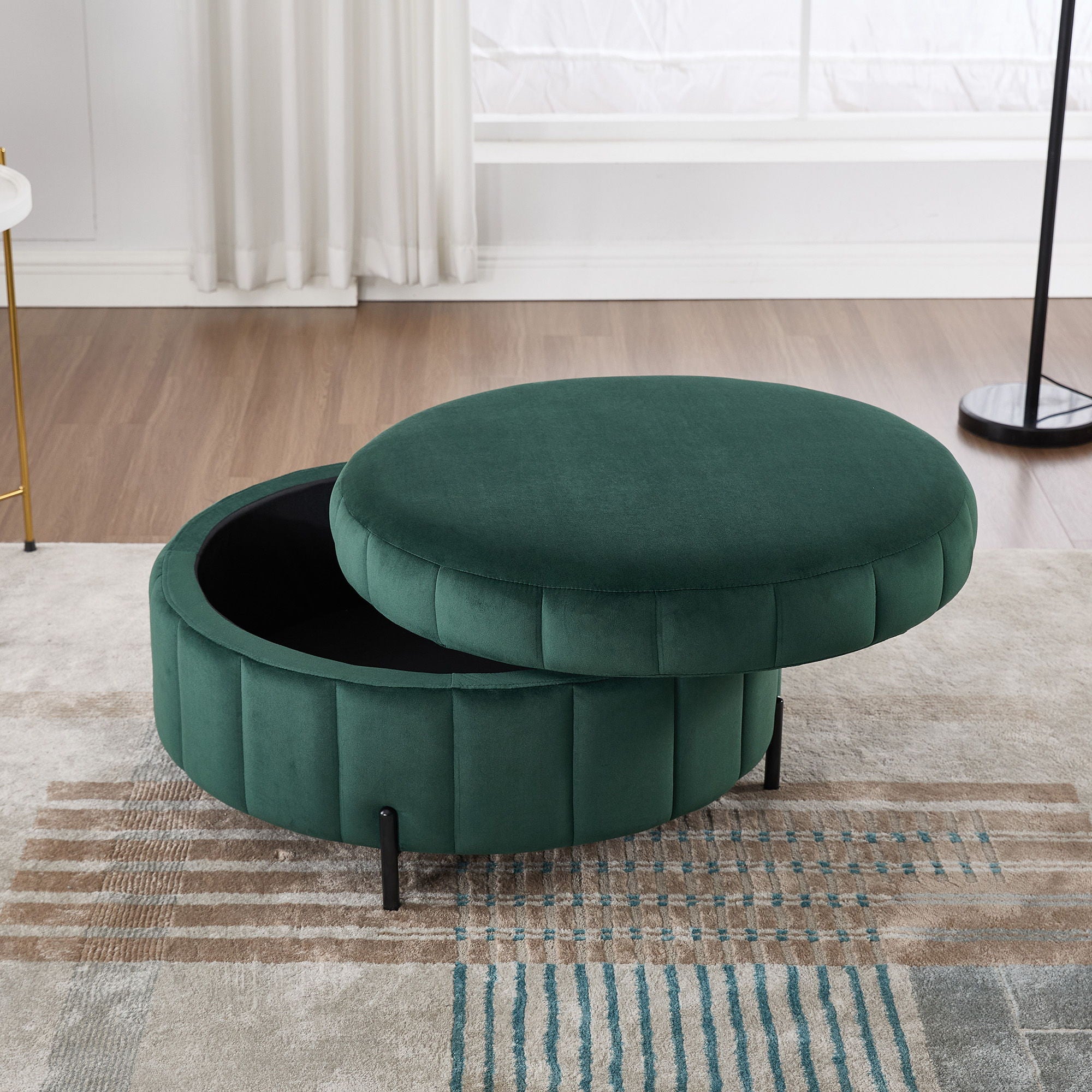 Upholstered Round Ottoman With Reversible Lid, Channel Tufted Pumpkin Shape