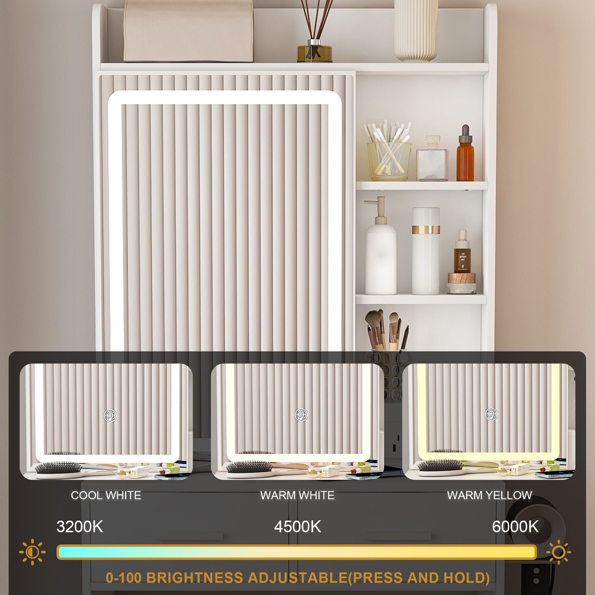 Space Saving Makeup Vanity Desk With Mirror & Adjustable Led Lights, Built-In Power Outlet, Hidden Storage, Includes Stool & Shelf - White