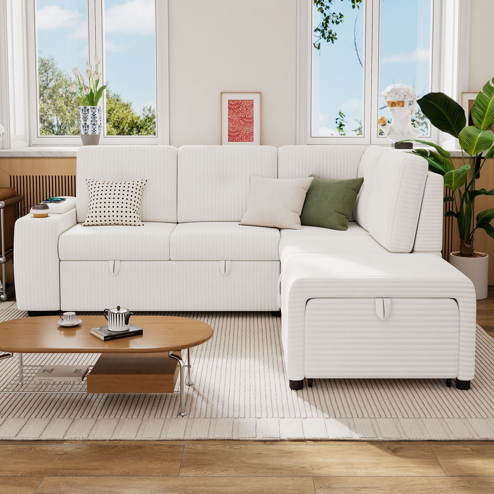 Pull-Out L-Shaped Sectional Sofa With Movable Ottoman And Stool, Large Storage Space, A Cup Holder, And 2 USB Ports For Living Room