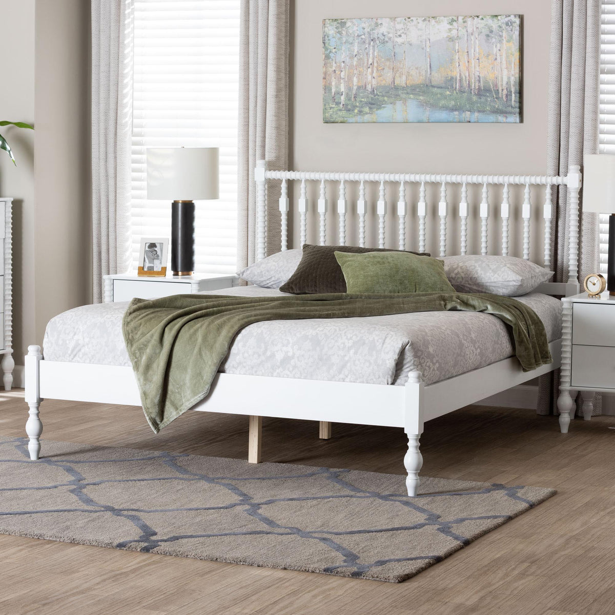 Callison Spindle Platform Bed - Turned Farmhouse Bed Frame with Spoked Headboard and Sculpted Legs, White, Full