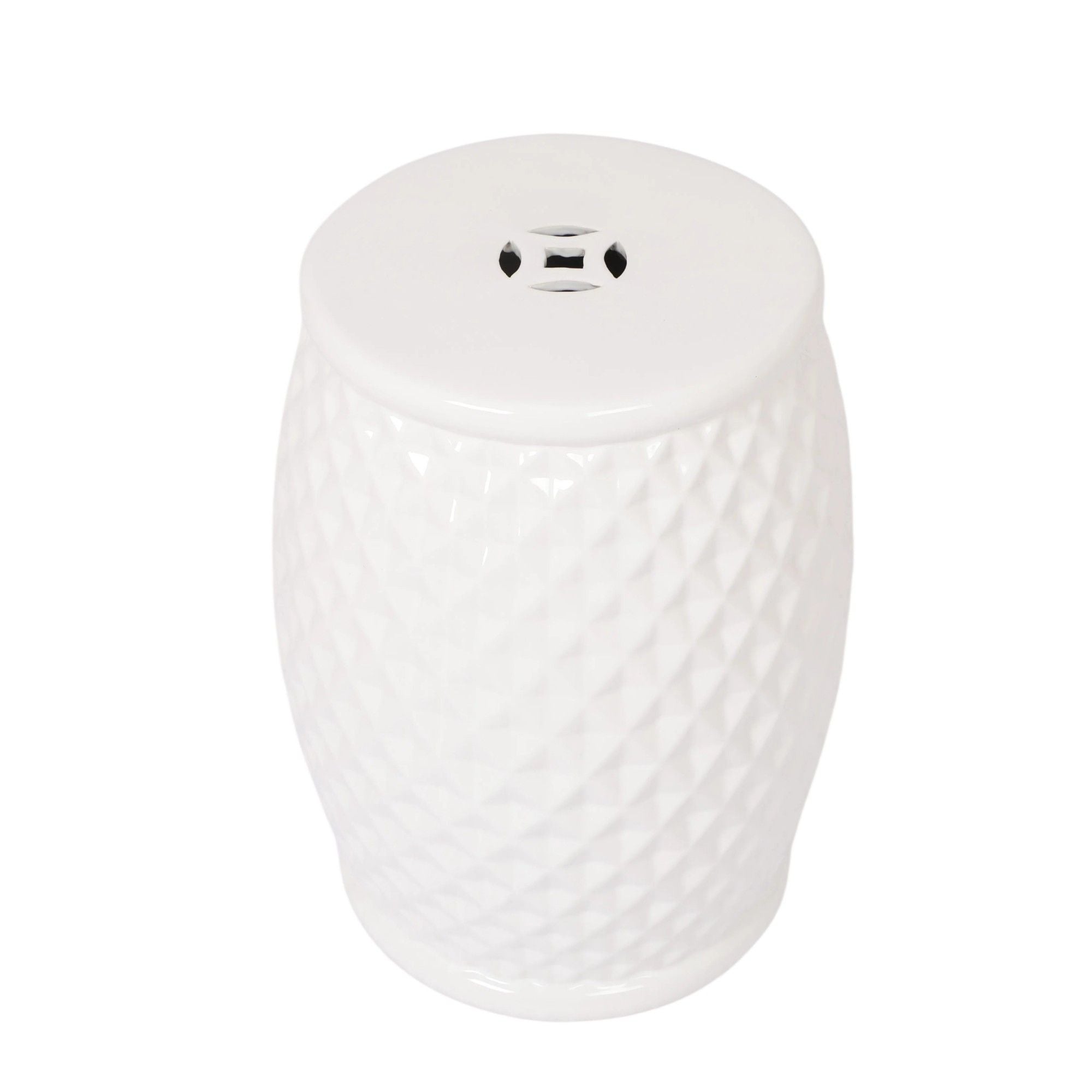 Glazed Ceramic Drum Stool Indoor / Outdoor Side Table Ceramic - White