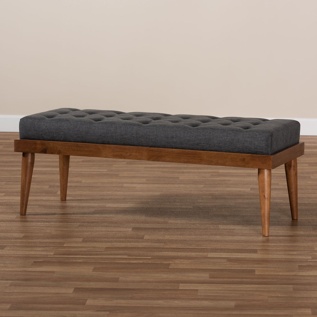 Linus Mid-Century Modern Dark Grey Fabric Upholstered and Button Tufted Wood Bench