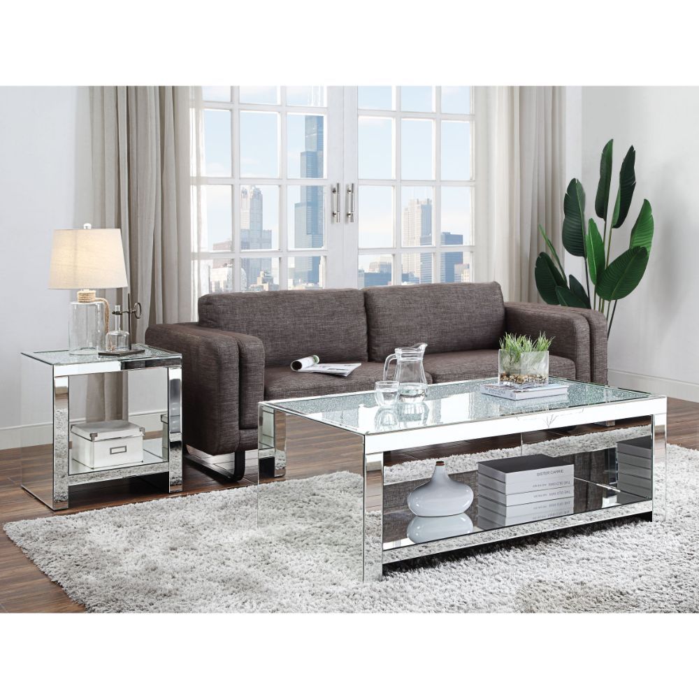 Noralie - Coffee Table - Clear Glass, Mirrored & Faux Diamonds