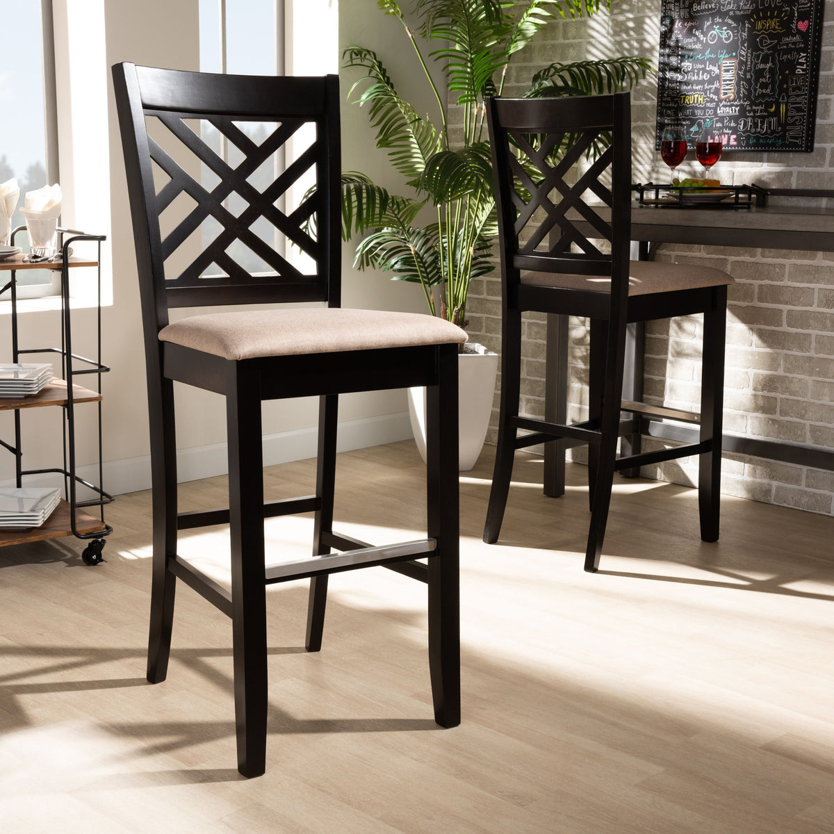 Jason Modern and Contemporary Sand Fabric Upholstered and Espresso Brown Finished Wood 2-Piece Bar Stool Set