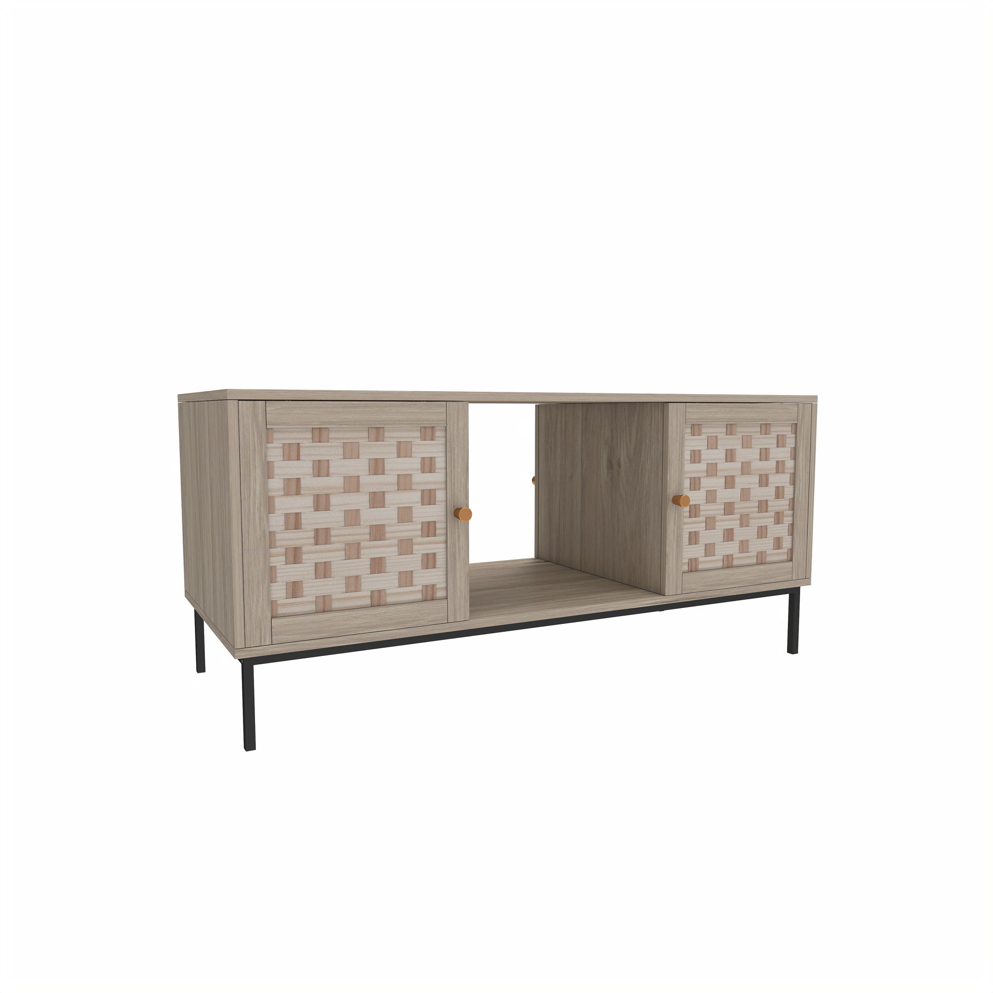 Elegant Veener Weaving Design Coffee Table With 4 Sliding Doors - Natural Wood