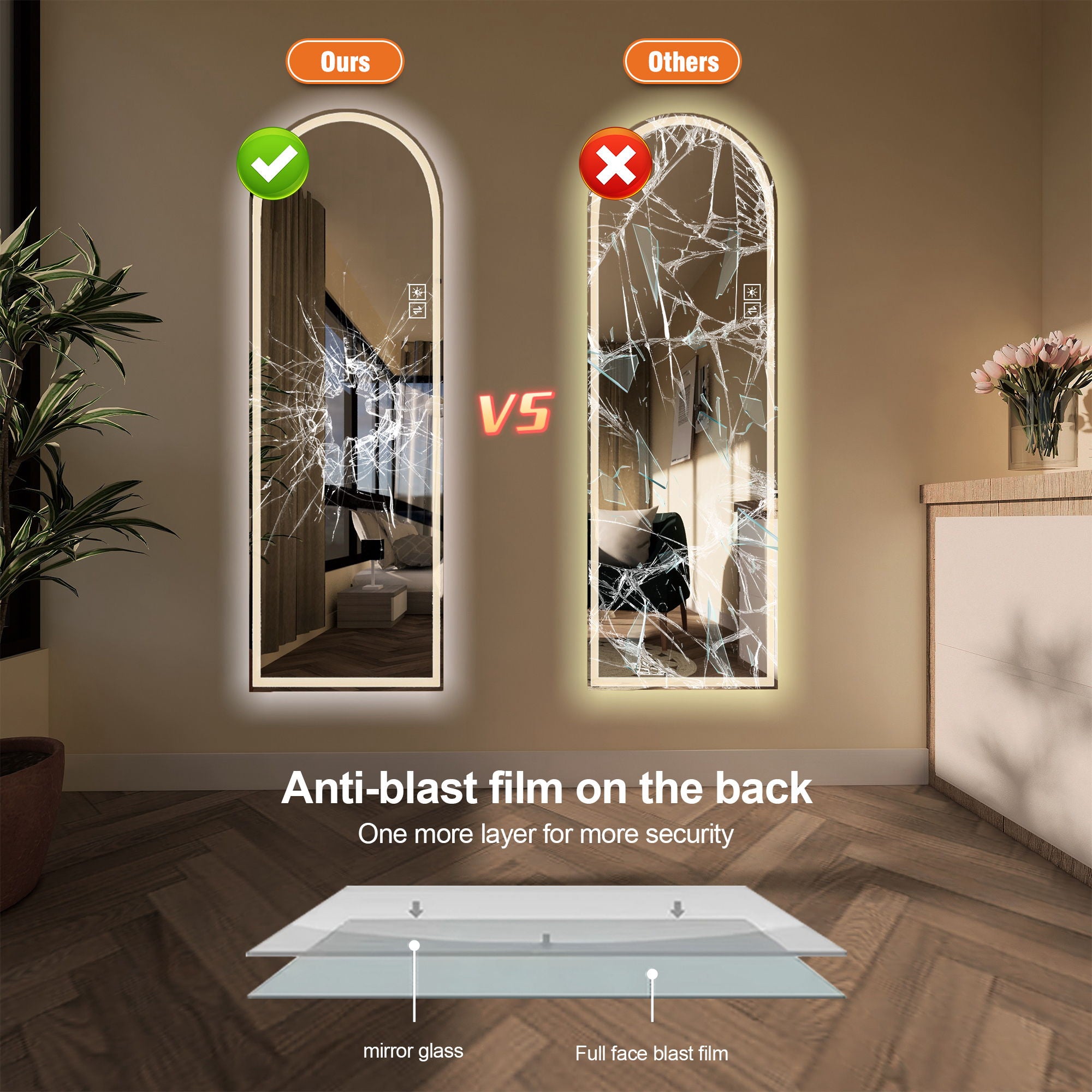 Arch Design LED Full Length Mirror, Dimmable, High Definition, Explosion Proof, 65" X 21" - Silver