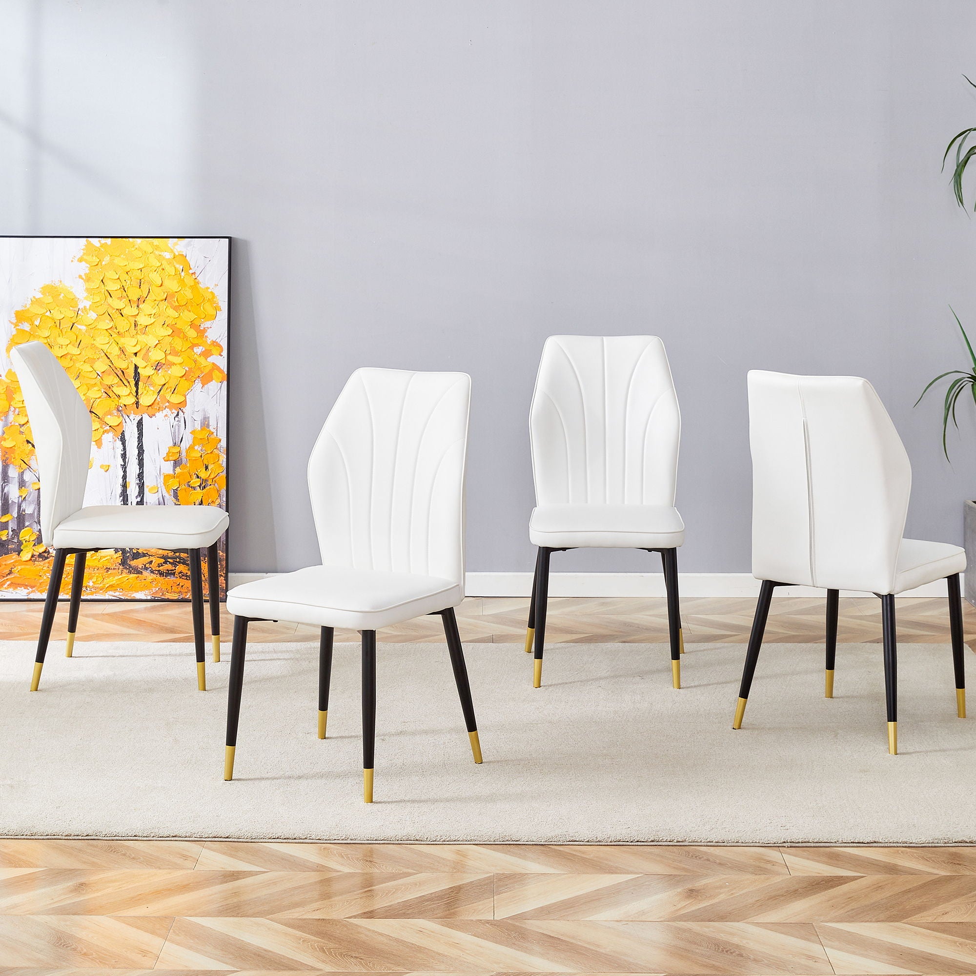 4 Modern Dining Chairs With Stylish Patterned Backrest And Metal Legs