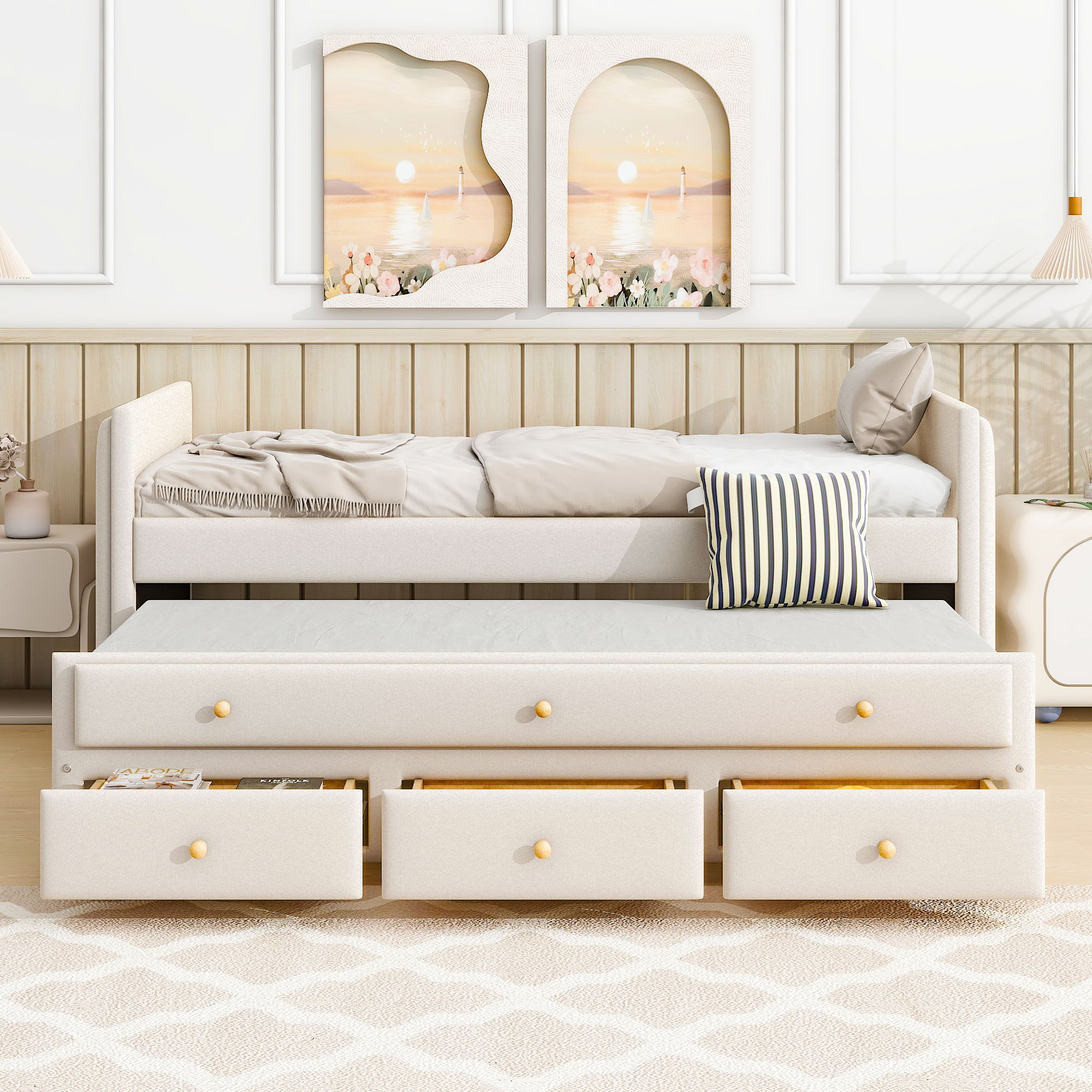 Upholstered Daybed With Trundle And Drawers