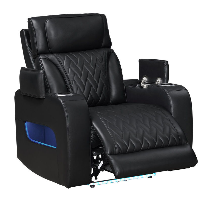Jazz Black Leather Aire Transformer Power Reclining Sofa, Loveseat & Chair Living Room Set with Power Headrest, Bluetooth Speakers, LED Lights, Wireless Charging Drop-Down Table, USB & USB-C Ports, Storage & Cupholders