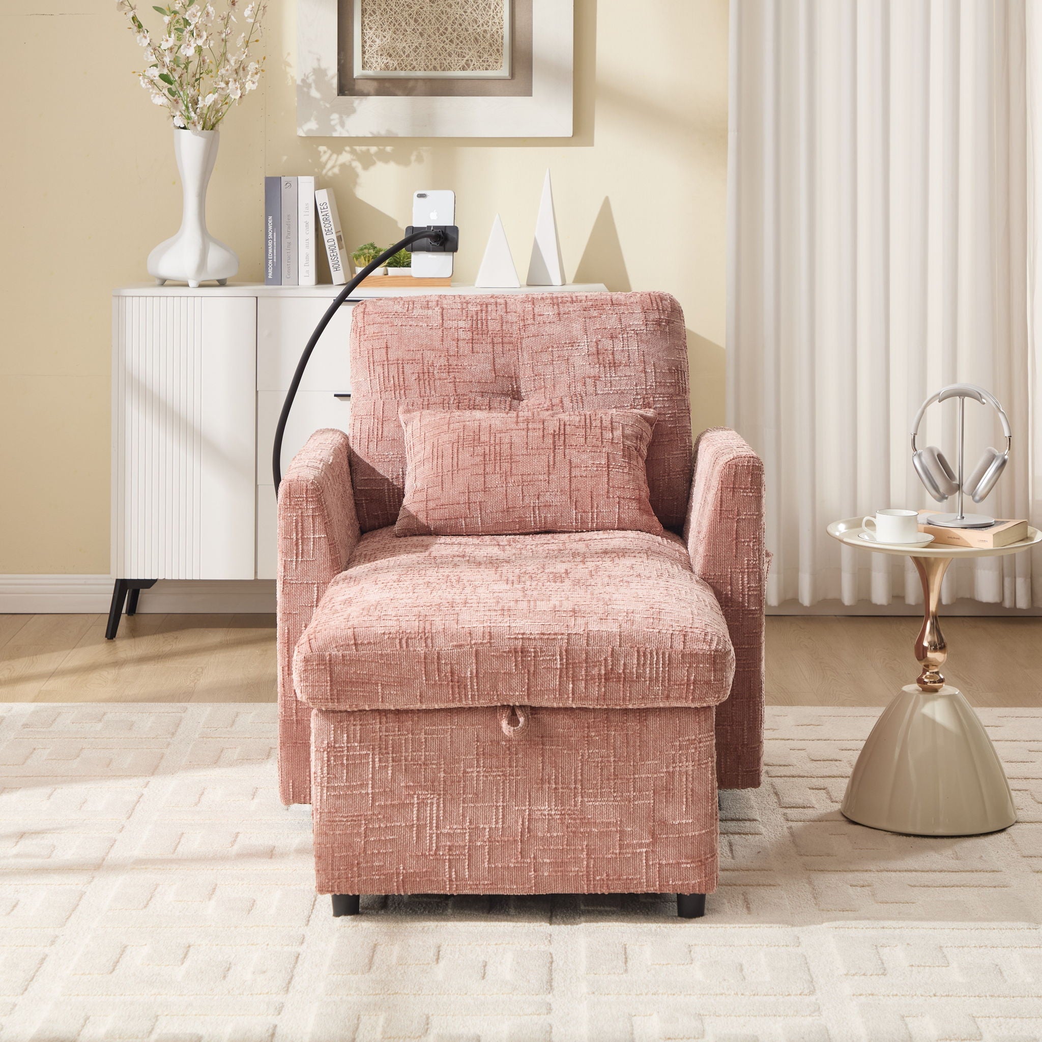 Multifunctional Chenille Recliner Sofa With Storage And Phone Bracket