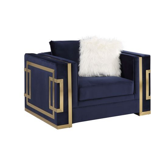 Virrux - Chair With 2 Pillows - Blue Velvet & Gold