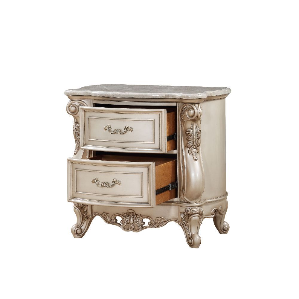 ACME Gorsedd - Nightstand - Marble & Antique White | Meri Furniture
