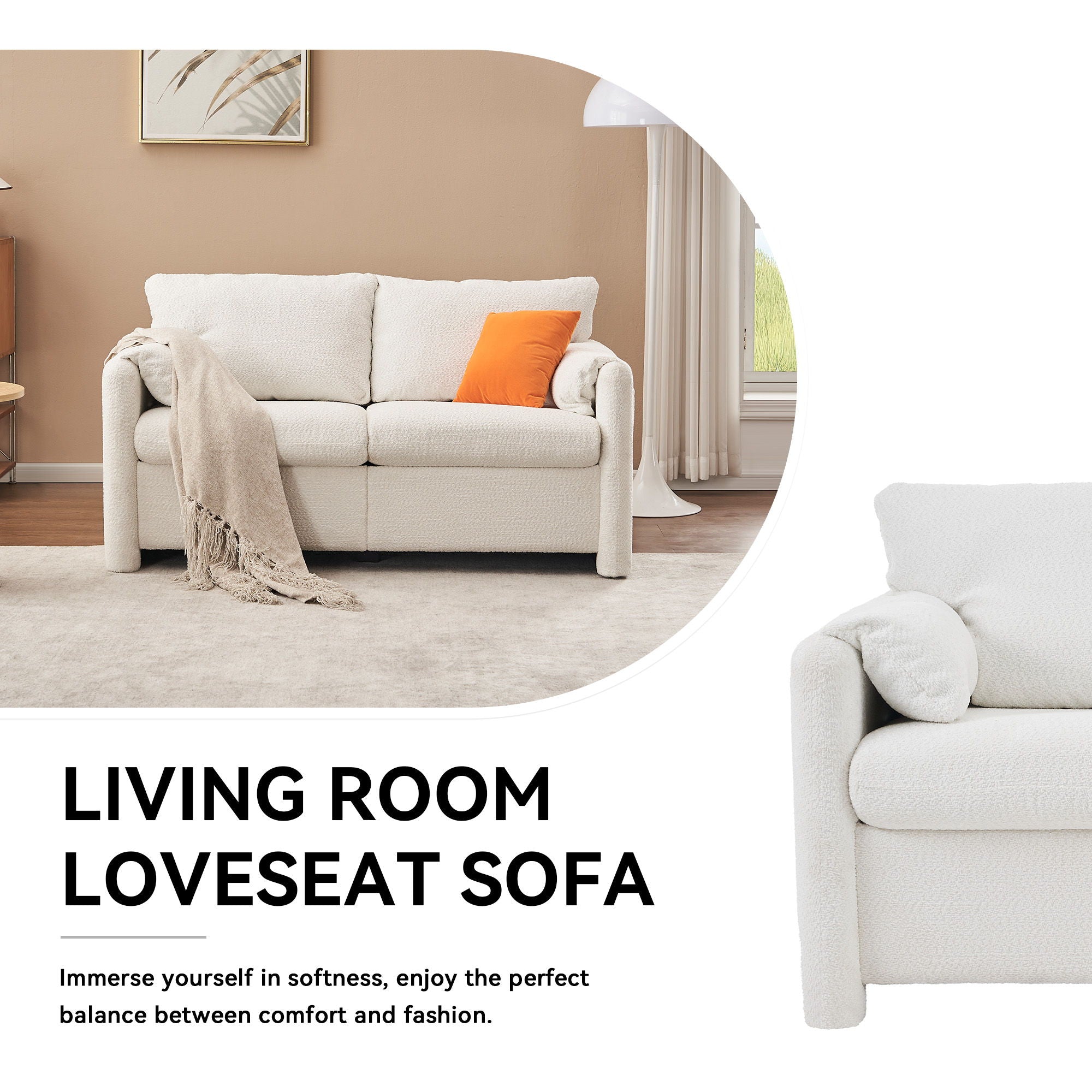Modern Loveseat Sofa 2 Seater Plush Chenille Fabric Couch With High Density Foam Cushions - Ivory White