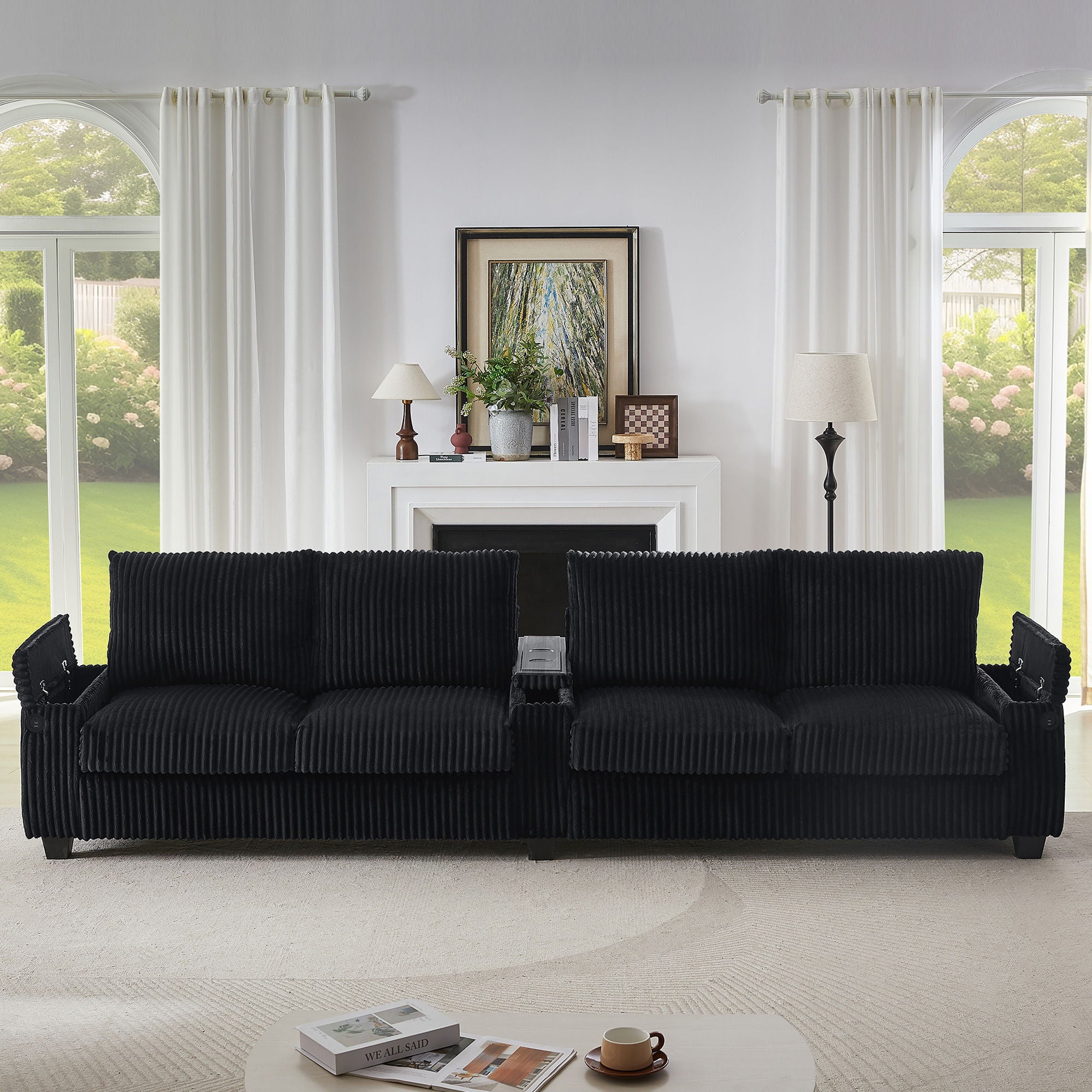 Modern 4 Seater Corduroy Sofa Couch With USB Ports And Hidden Storage