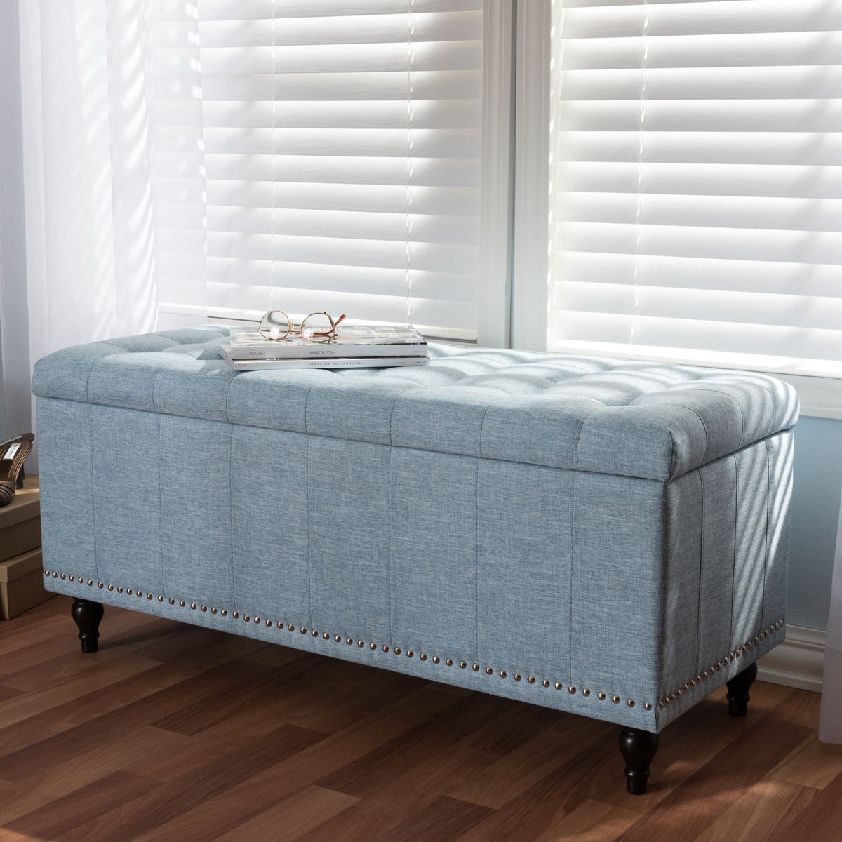 Kaylee Modern Classic Light Blue Fabric Upholstered Button-Tufting Storage Ottoman Bench