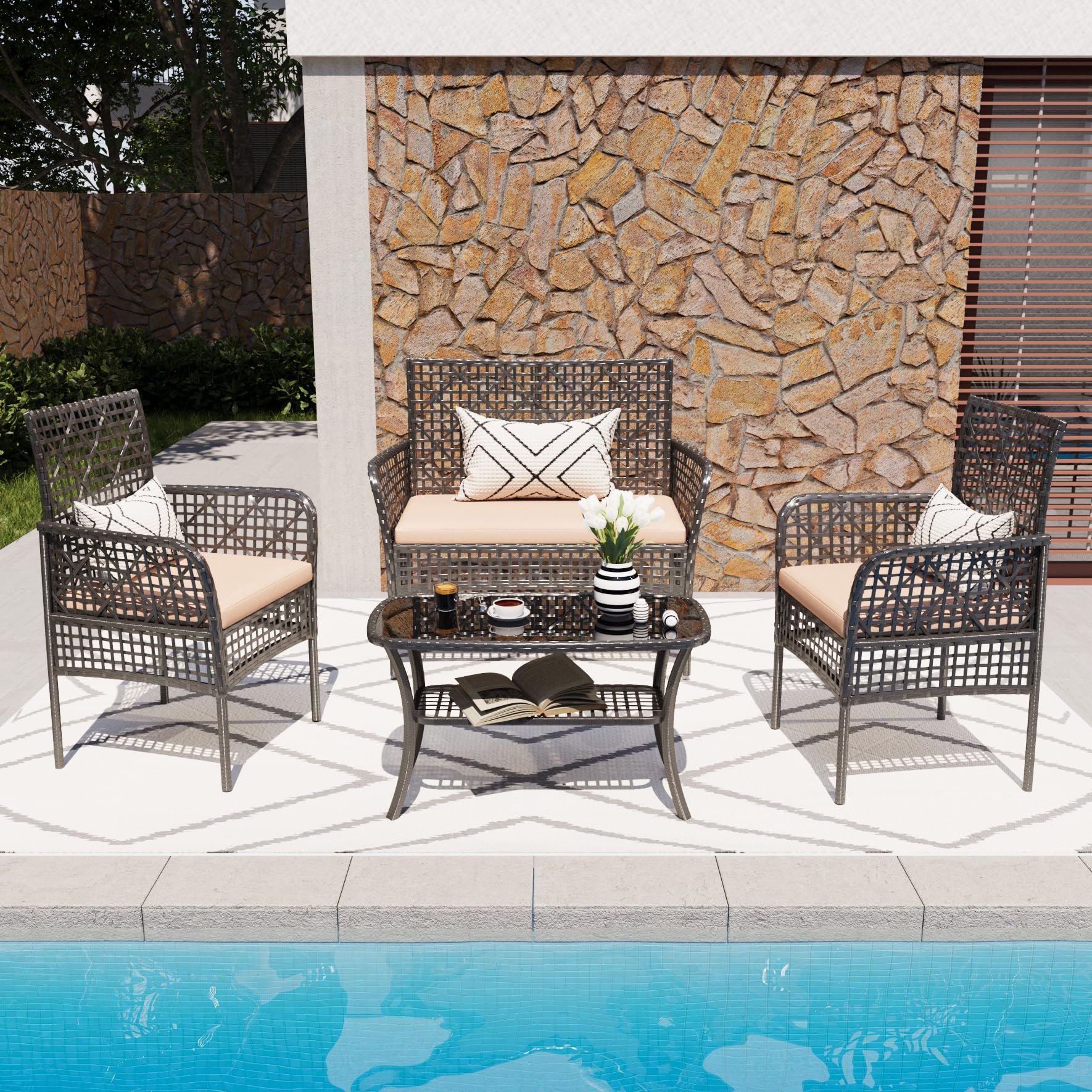 4 Pieces Rattan Wicker Chairs With Tempered Glass Table And Cushions