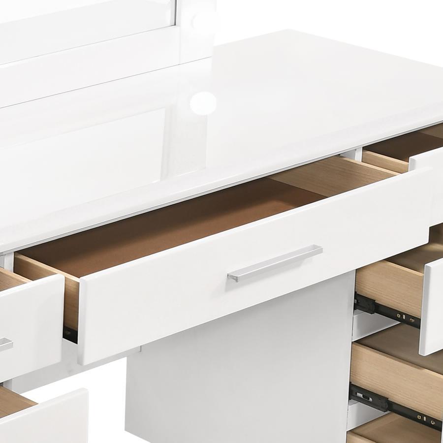 Coaster Fine Furniture Felicity - 9-Drawer Vanity Table With Lighted Mirror - Glossy White | Meri Furniture