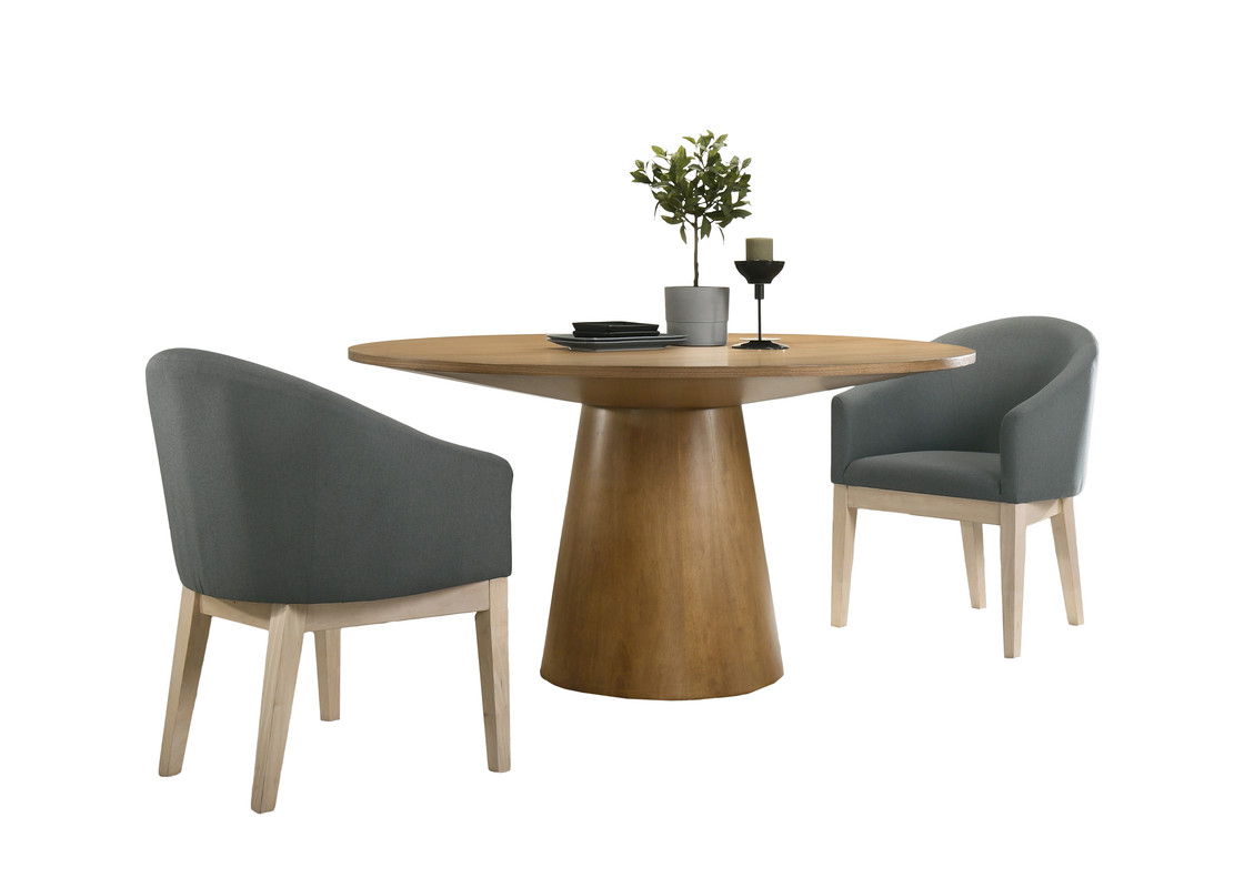 Jasper Driftwood Finish 3 Piece 59" Round Dining Table Set with Pedestal Base and Gray Barrel Chairs