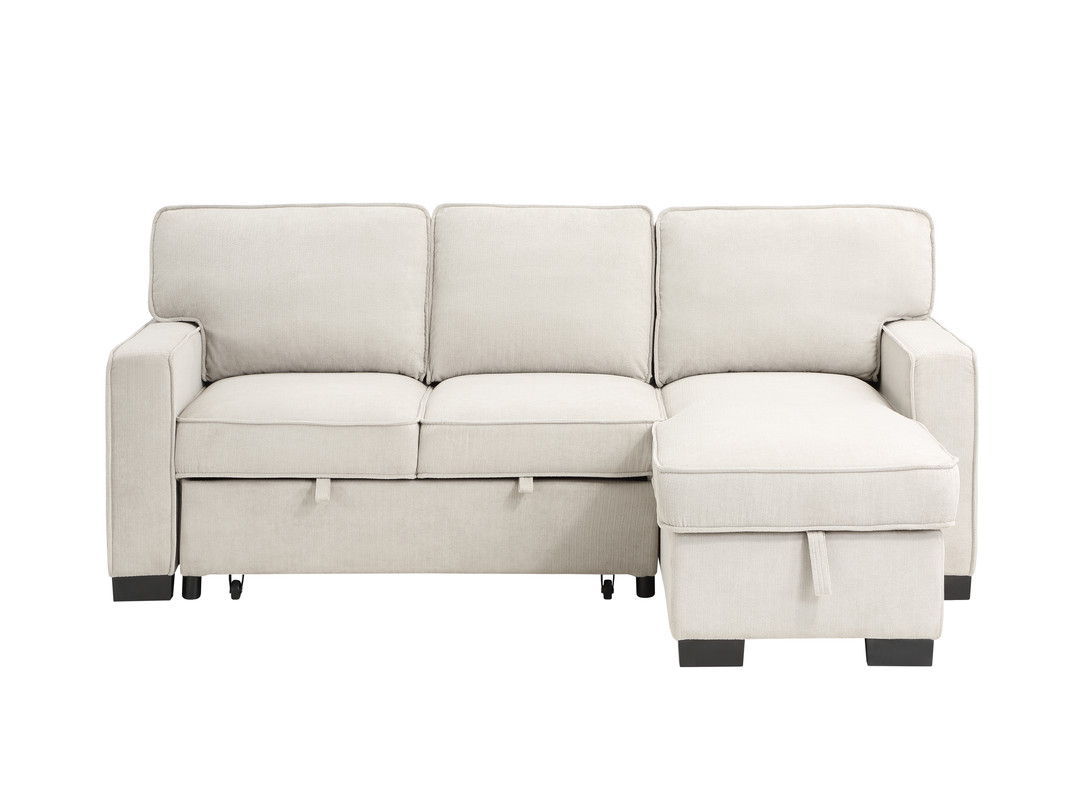 Estelle 86.5"W Beige Fabric Reversible Sleeper Sectional with Storage Chaise Drop-Down Table 2 Cup Holders and 2USB Ports